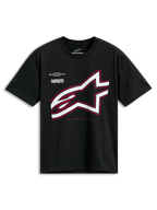Alpinestars Authority CSF Tee, t-shirt de manga curta, preta, logótipo Astars grande em branco com contorno cor-de-rosa, com o texto 'Alpinestars Protects' e 'Racing Ahead', streetwear casual de desportos motorizados