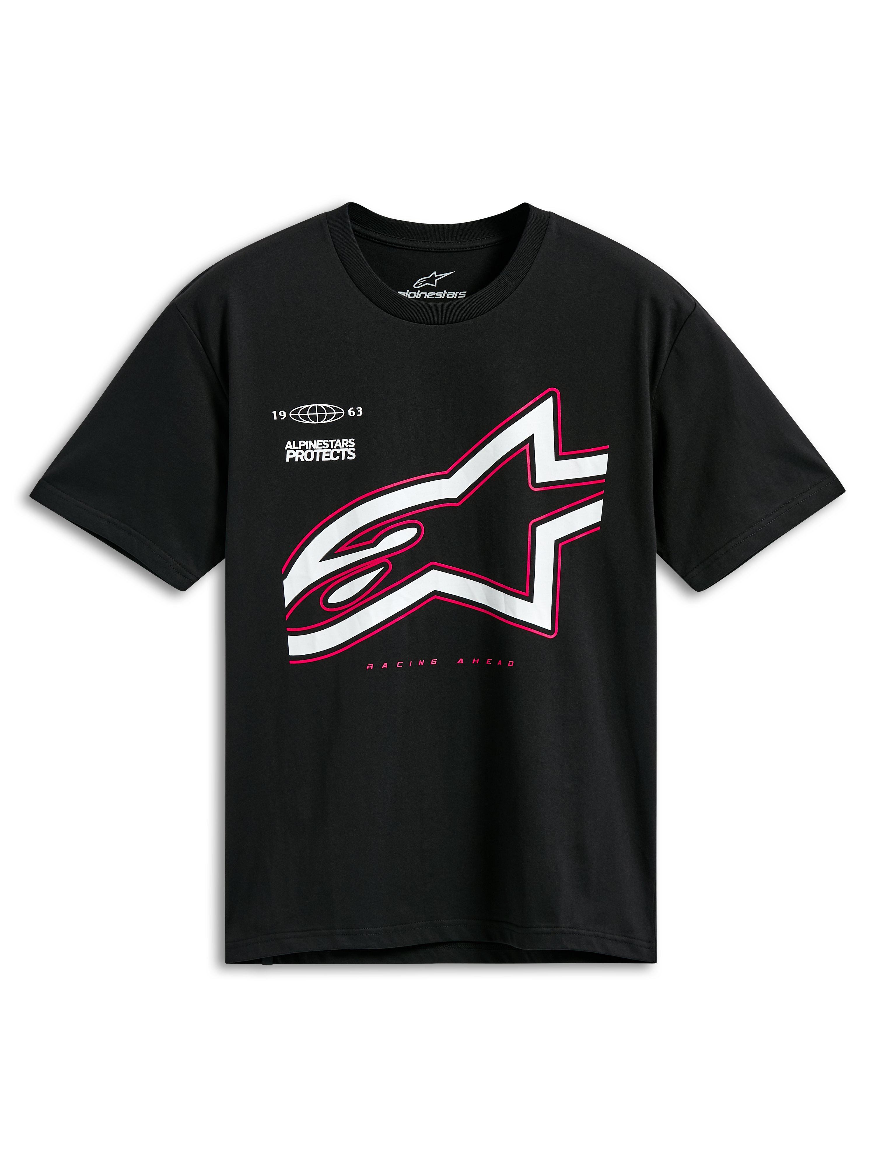 Alpinestars Authority CSF Tee, t-shirt de manga curta, preta, logótipo Astars grande em branco com contorno cor-de-rosa, com o texto 'Alpinestars Protects' e 'Racing Ahead', streetwear casual de desportos motorizados
