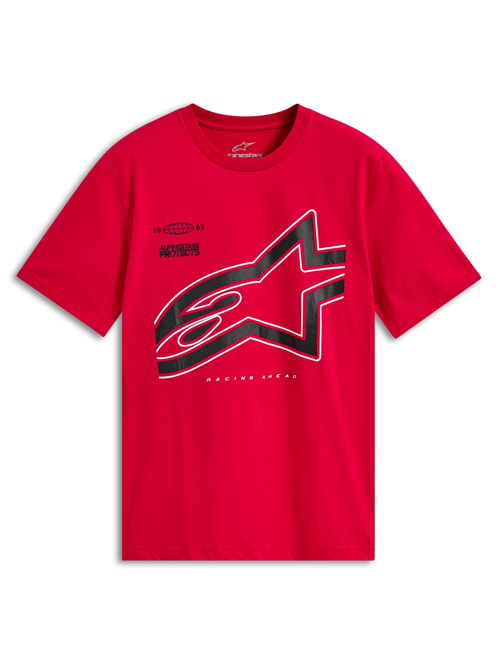 Alpinestars Authority CSF Tee, t-shirt de manga curta vermelha, logótipo Astars grande recortado em preto com contorno branco, vestuário casual de desportos motorizados