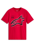 Alpinestars Authority CSF Tee, t-shirt de manga curta vermelha, logótipo Astars grande recortado em preto com contorno branco, vestuário casual de desportos motorizados