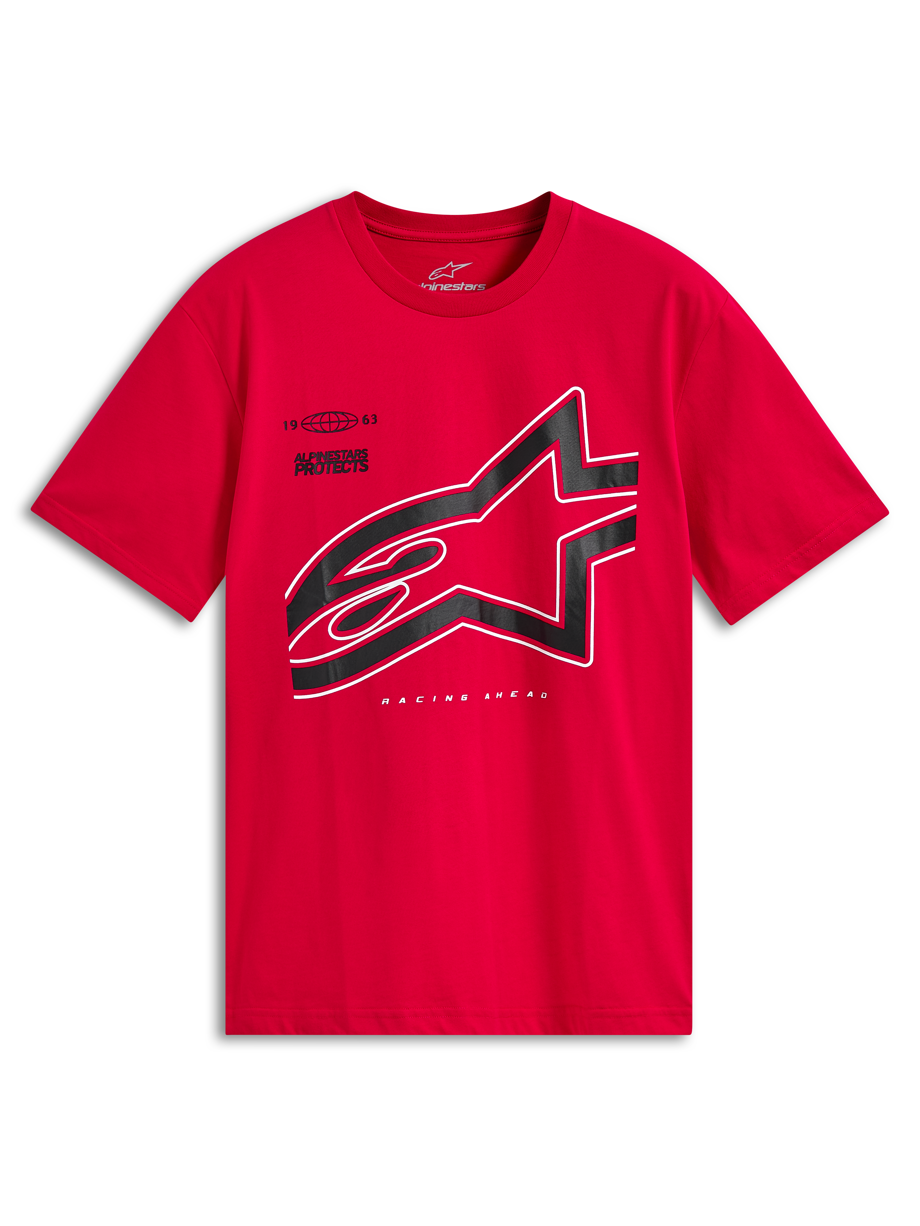 Alpinestars Authority CSF Tee, t-shirt de manga curta vermelha, logótipo Astars grande recortado em preto com contorno branco, vestuário casual de desportos motorizados
