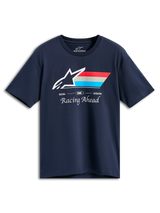 T-shirt Alpinestars Trifecta CSF, manga curta, azul-marinho, logótipo Astars em branco com riscas vermelhas, cinzentas e ciano, texto GOAL ONE VISION e Racing Ahead, streetwear casual de motorsport