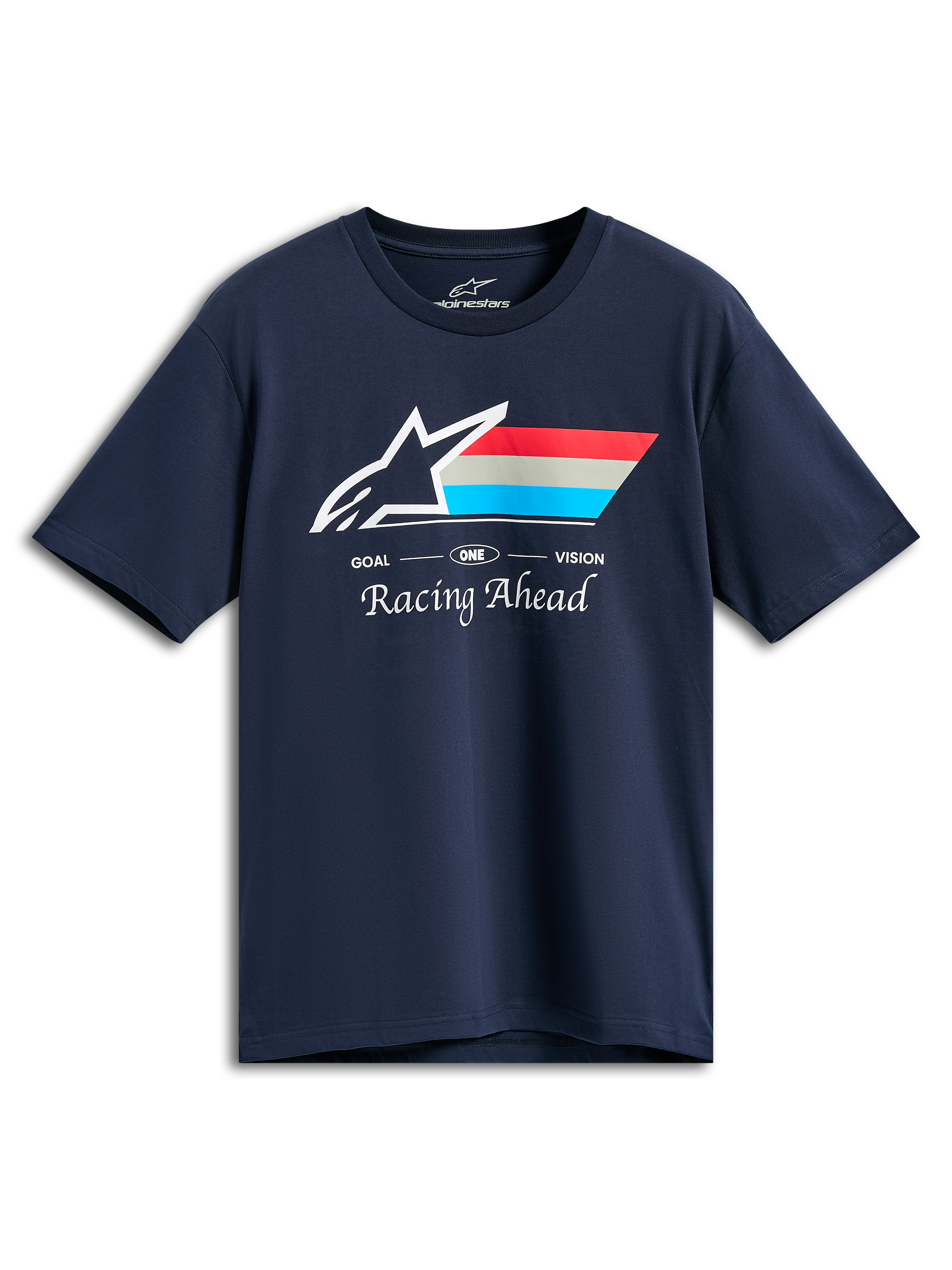 T-shirt Alpinestars Trifecta CSF, manga curta, azul-marinho, logótipo Astars em branco com riscas vermelhas, cinzentas e ciano, texto GOAL ONE VISION e Racing Ahead, streetwear casual de motorsport