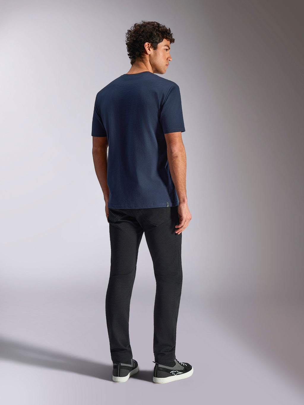 Alpinestars Trifecta CSF Tee, Short Sleeve T-Shirt, Navy Blue, back view, casual sportswear, worn with black pants and black sneakers