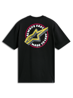 Alpinestars Aorbit CSF Tee, t-shirt de manga curta preta, grande gráfico circular nas costas com o texto "Always Fast Made to Last" e logótipo A-star amarelo, streetwear casual de motorsport
