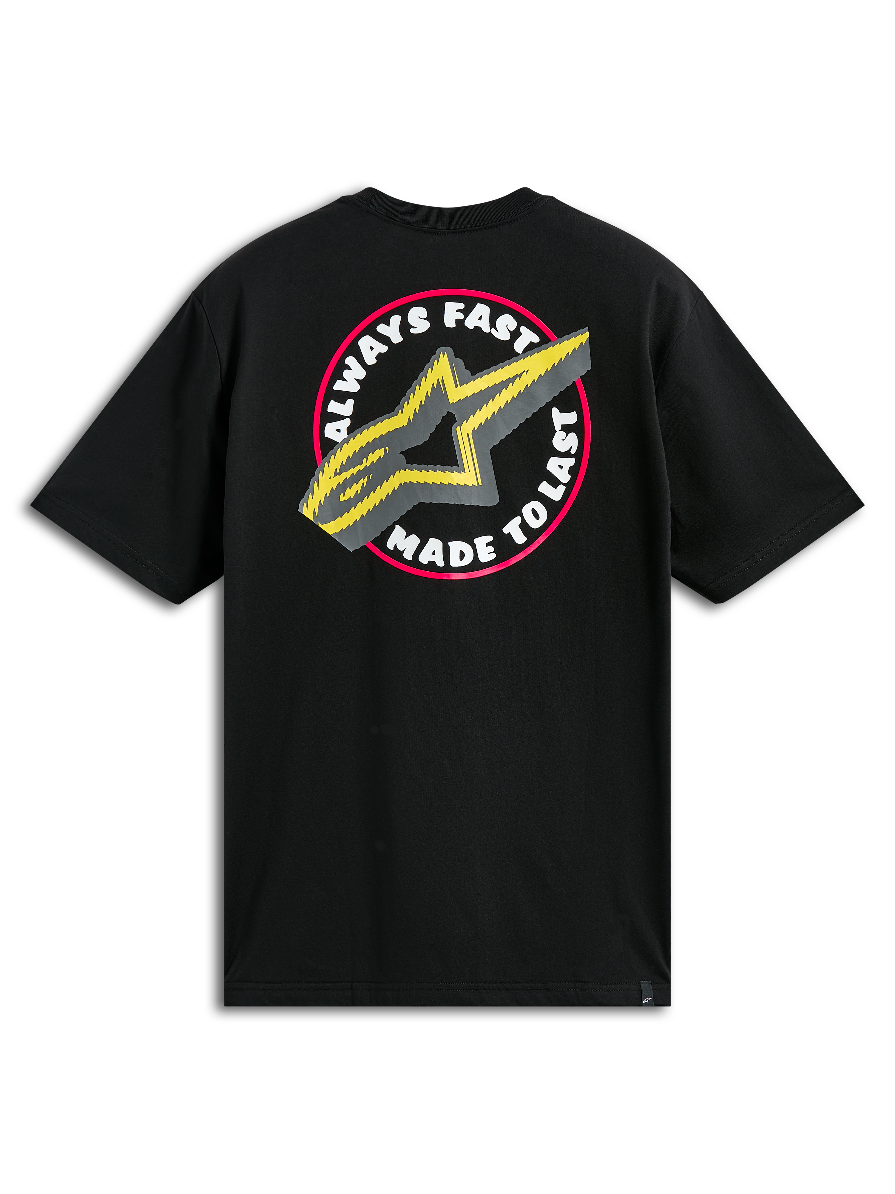 Alpinestars Aorbit CSF Tee, t-shirt de manga curta preta, grande gráfico circular nas costas com o texto "Always Fast Made to Last" e logótipo A-star amarelo, streetwear casual de motorsport