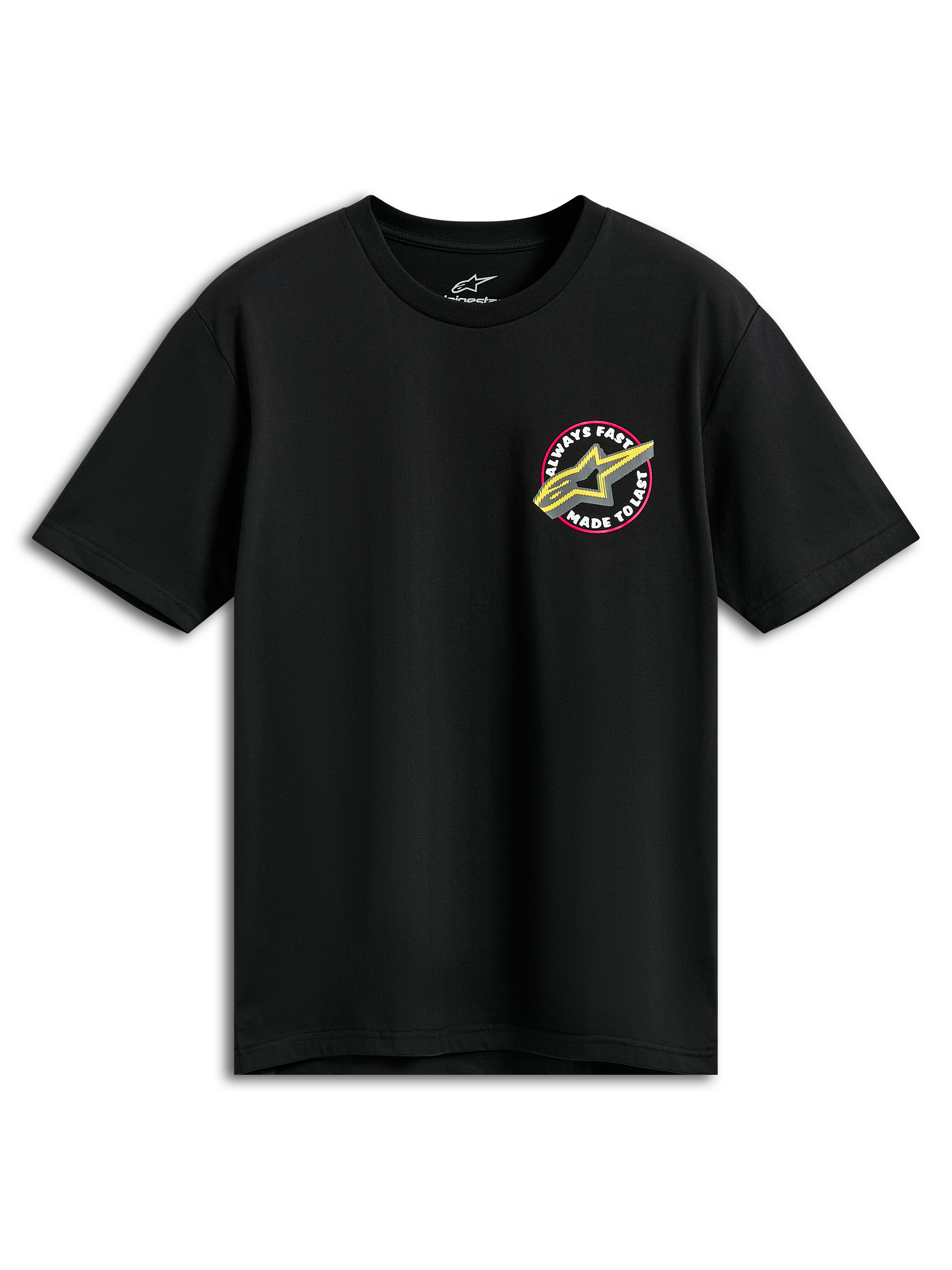 Alpinestars Aorbit CSF Tee, t-shirt de manga curta, preta, logótipo Astars em rosa e amarelo com gráfico Always Fast Made to Last, vestuário desportivo casual de desportos motorizados