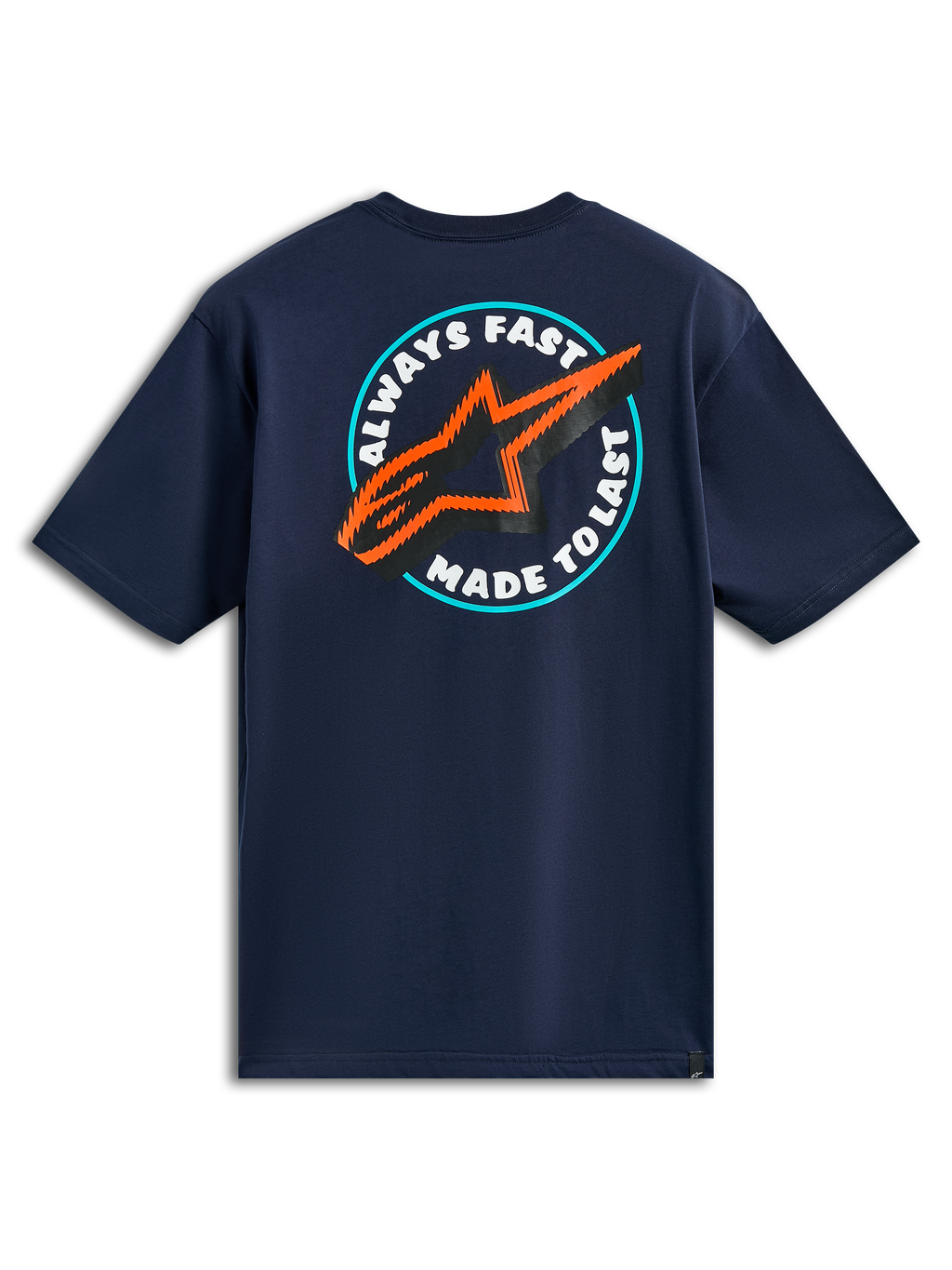 Alpinestars T-shirt Aorbit CSF, t-shirt de manga curta, azul-marinho, vista traseira com gráfico circular "Always Fast Made to Last" e logótipo de estrela em laranja e preto, streetwear casual de desporto motorizado