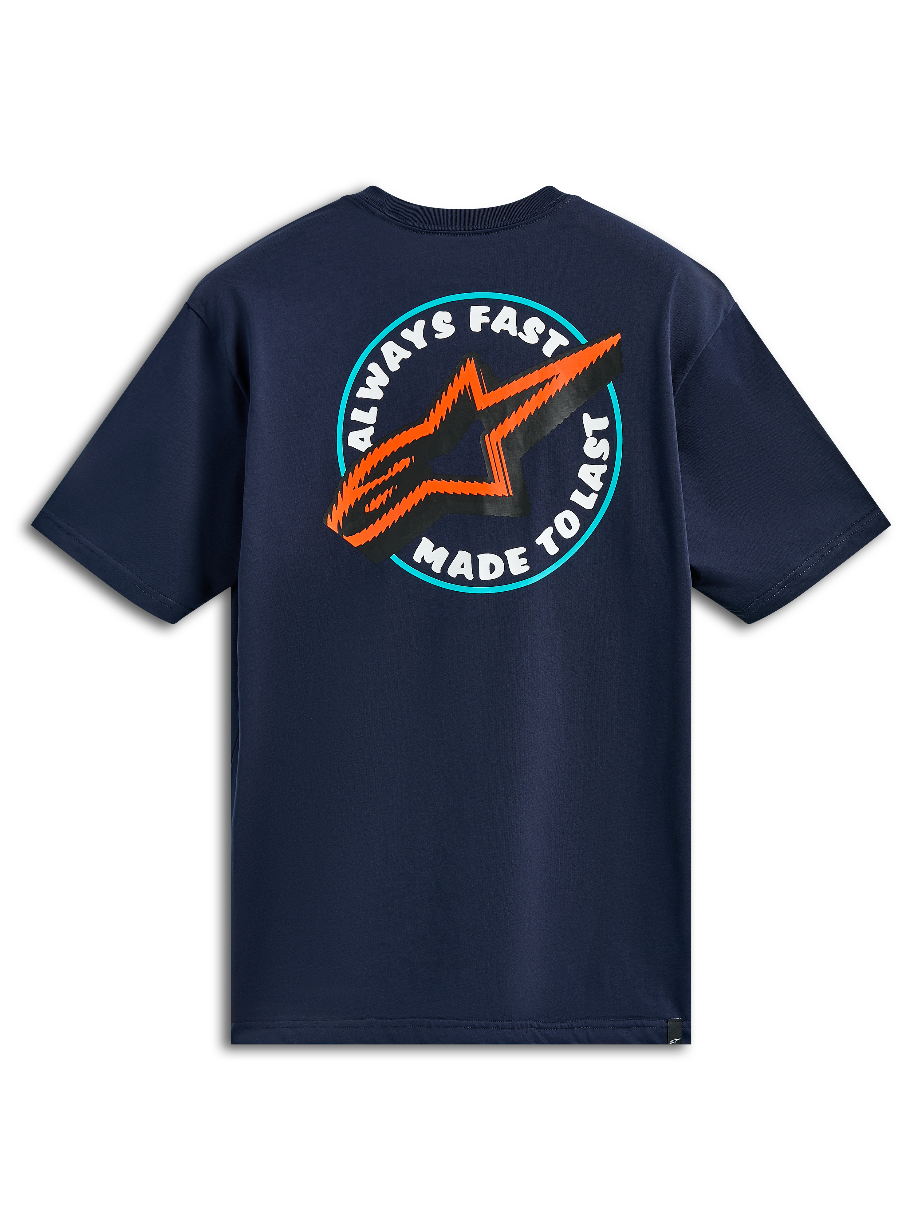 Alpinestars T-shirt Aorbit CSF, t-shirt de manga curta, azul-marinho, vista traseira com gráfico circular "Always Fast Made to Last" e logótipo de estrela em laranja e preto, streetwear casual de desporto motorizado
