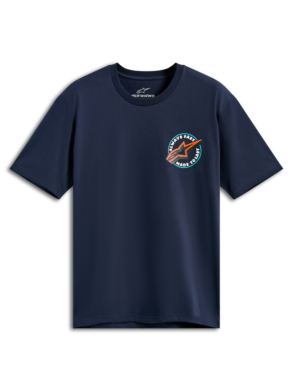 Alpinestars Aorbit CSF Tee, t-shirt de manga curta, azul marinho, gráfico circular no peito com logótipo Astars laranja e texto Always Fast Made to Last, vestuário desportivo casual de desportos motorizados