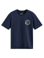 Alpinestars Aorbit CSF Tee, t-shirt de manga curta, azul marinho, gráfico circular no peito com logótipo Astars laranja e texto Always Fast Made to Last, vestuário desportivo casual de desportos motorizados