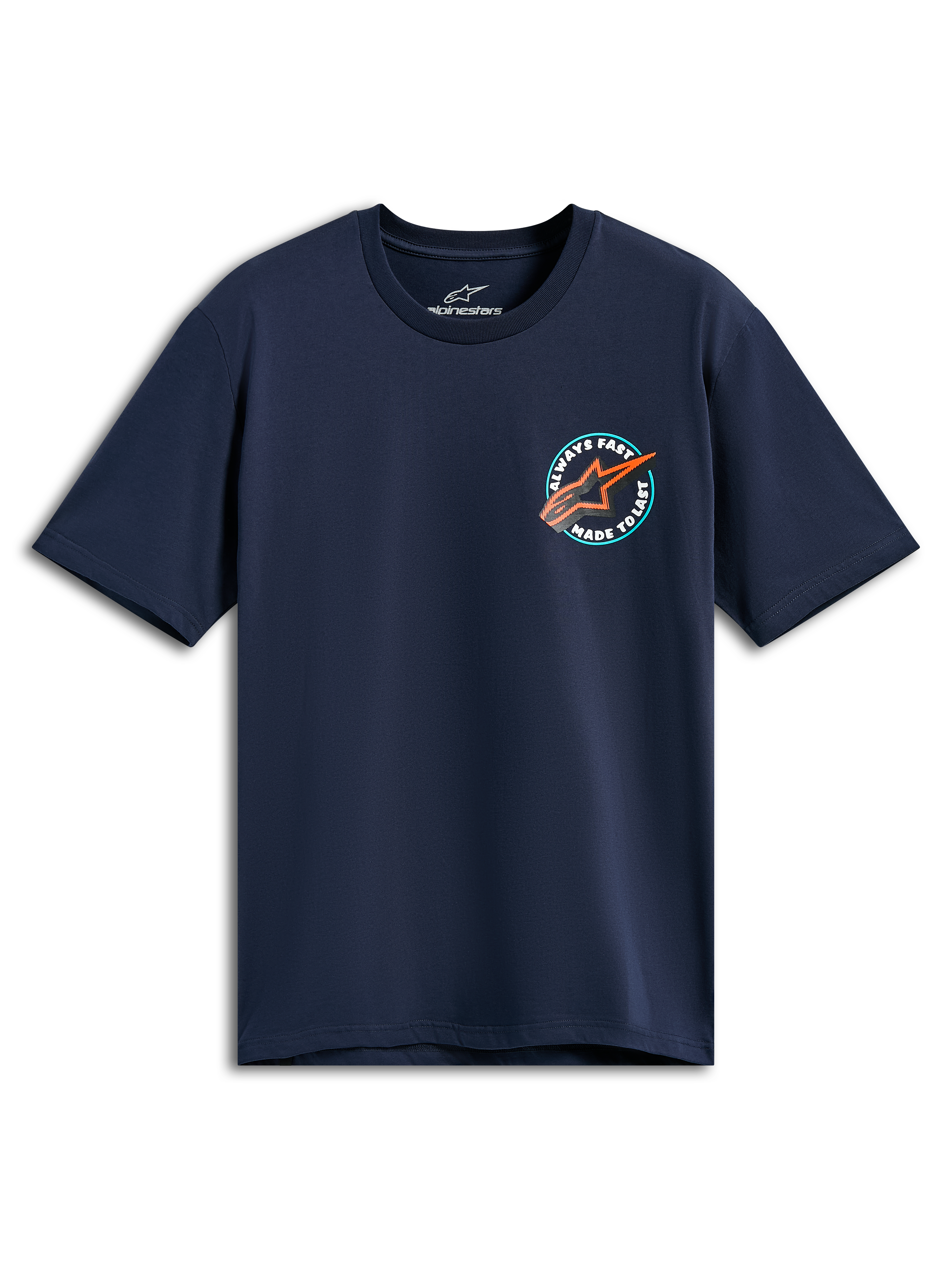Alpinestars Aorbit CSF Tee, t-shirt de manga curta, azul marinho, gráfico circular no peito com logótipo Astars laranja e texto Always Fast Made to Last, vestuário desportivo casual de desportos motorizados