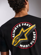 Alpinestars Aorbit CSF Tee, t-shirt de manga curta, preta, detalhe nas costas com o grafismo Always Fast Made to Last e logótipo de estrela amarela, streetwear casual inspirado no desporto motorizado