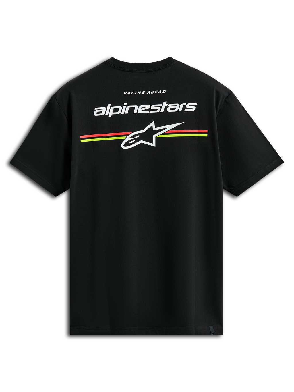 Alpinestars Lanes CSF Tee, t-shirt de manga curta, preta, logótipos Alpinestars e Astars brancos com riscas horizontais cor-de-laranja e amarelas nas costas, vestuário casual de estilo motorsport