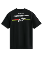 Alpinestars Lanes CSF Tee, t-shirt de manga curta, preta, logótipos Alpinestars e Astars brancos com riscas horizontais cor-de-laranja e amarelas nas costas, vestuário casual de estilo motorsport