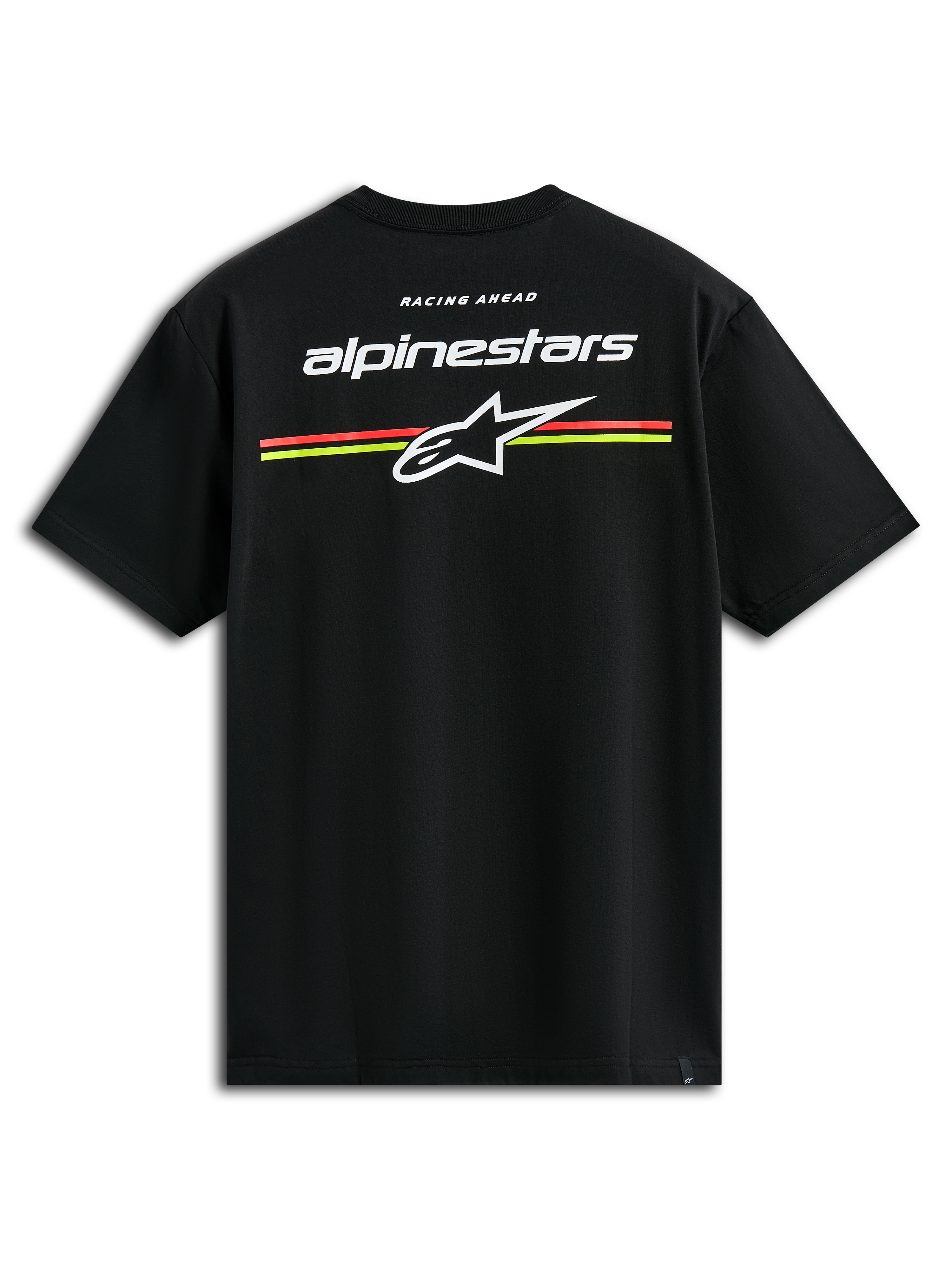 Alpinestars Lanes CSF Tee, t-shirt de manga curta, preta, logótipos Alpinestars e Astars brancos com riscas horizontais cor-de-laranja e amarelas nas costas, vestuário casual de estilo motorsport