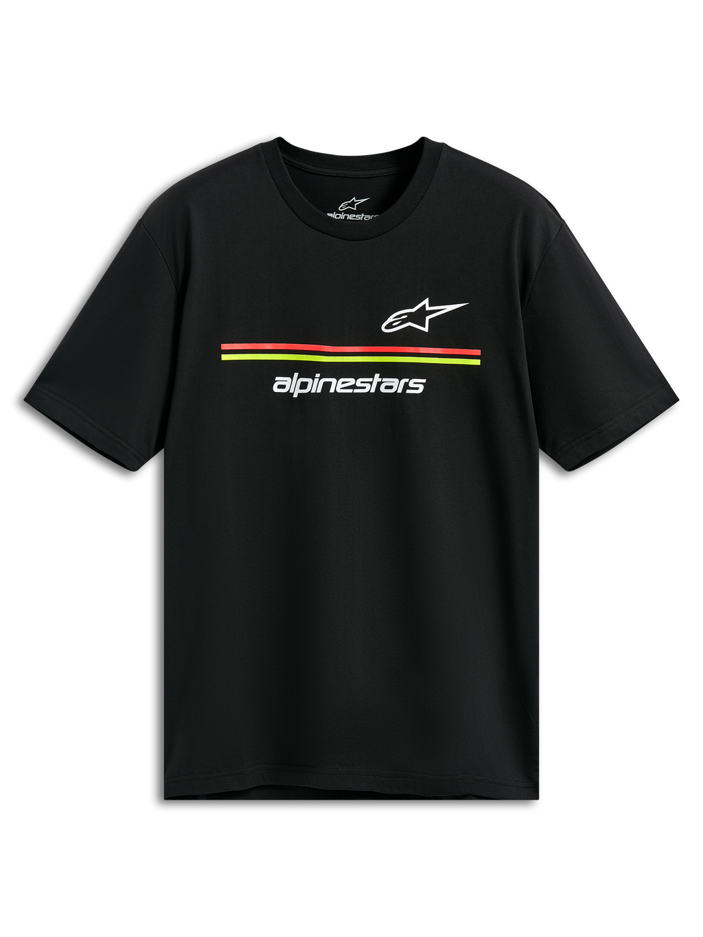 Alpinestars Lanes CSF Tee, t-shirt de manga curta, preta, logótipos Astars e Alpinestars brancos com riscas vermelhas e amarelas, streetwear casual de estilo motorsport