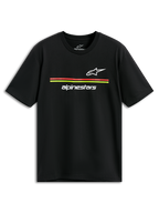 Alpinestars Lanes CSF Tee, t-shirt de manga curta, preta, logótipos Astars e Alpinestars brancos com riscas vermelhas e amarelas, streetwear casual de estilo motorsport