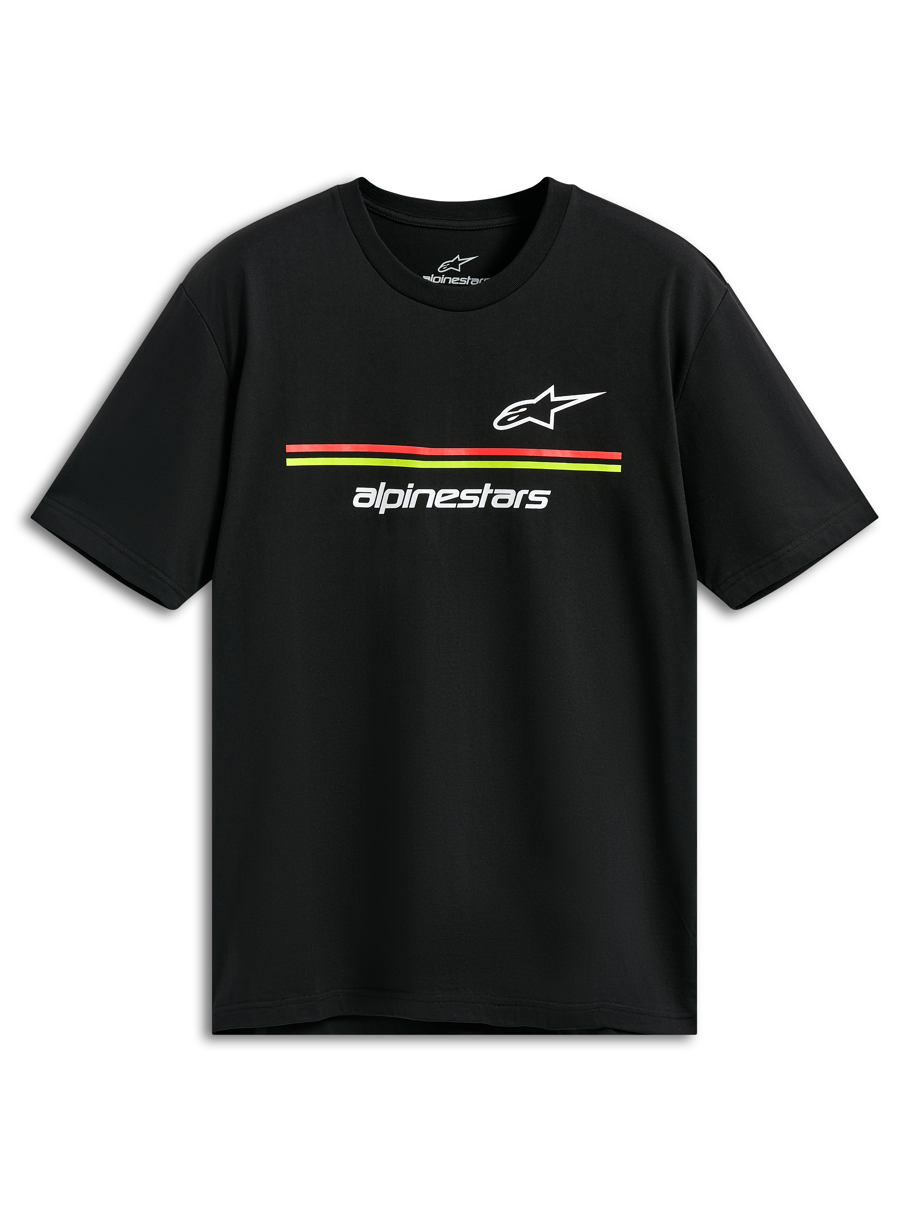Alpinestars Lanes CSF Tee, t-shirt de manga curta, preta, logótipos Astars e Alpinestars brancos com riscas vermelhas e amarelas, streetwear casual de estilo motorsport