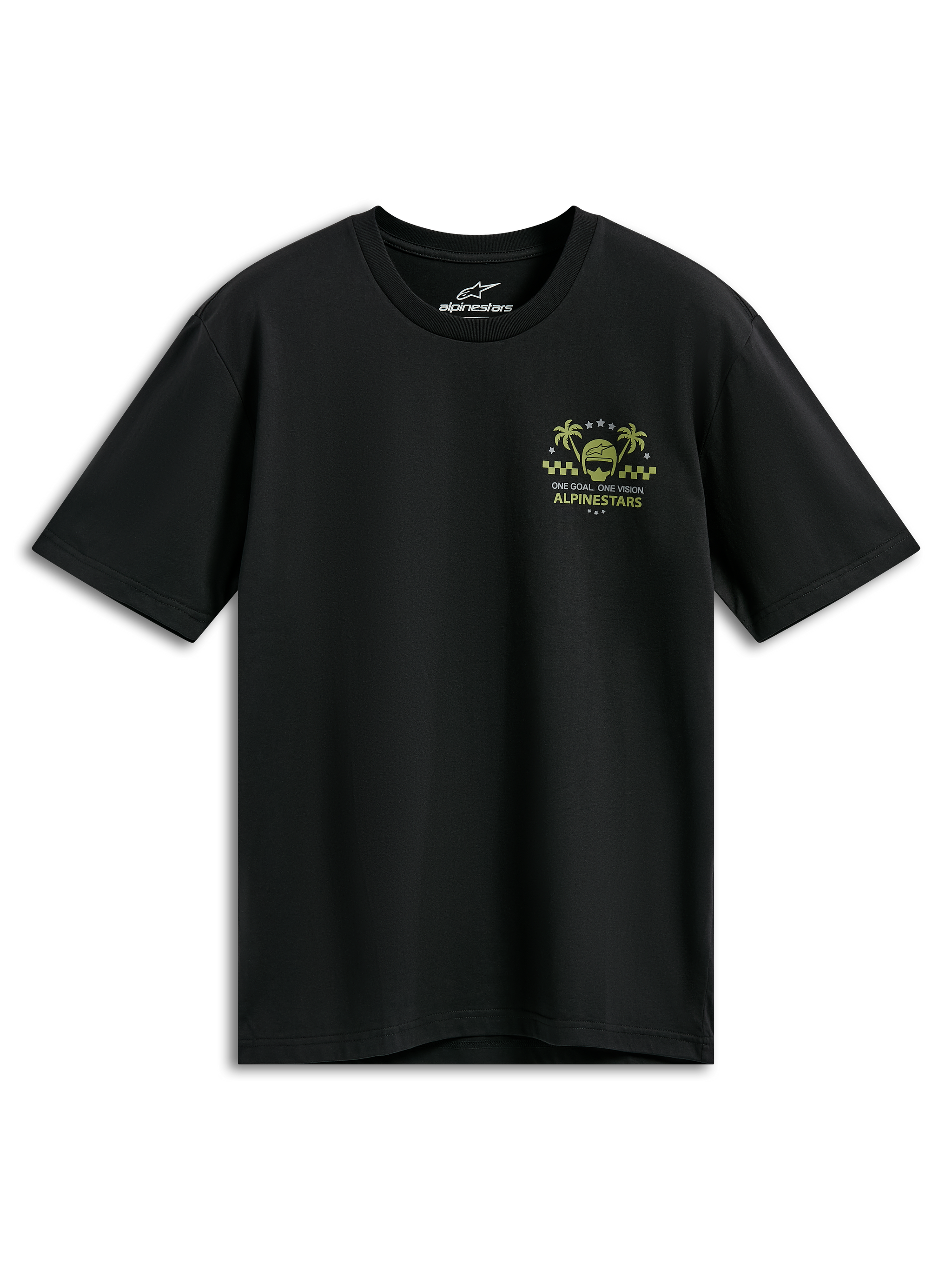 Alpinestars Order CSF Tee, Short Sleeve T-Shirt, Black, Yellow and Green Chest Graphic with Helmet and Palm Trees, One Goal One Vision Text, Casual Motorsport Streetwear
