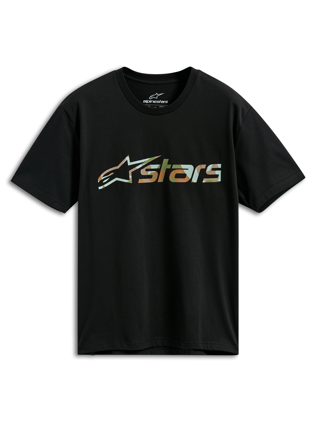Alpinestars Verdure Camo CSF Tee, t-shirt de manga curta, preta, logótipo Astars com enchimento camuflado, streetwear casual de motorsport