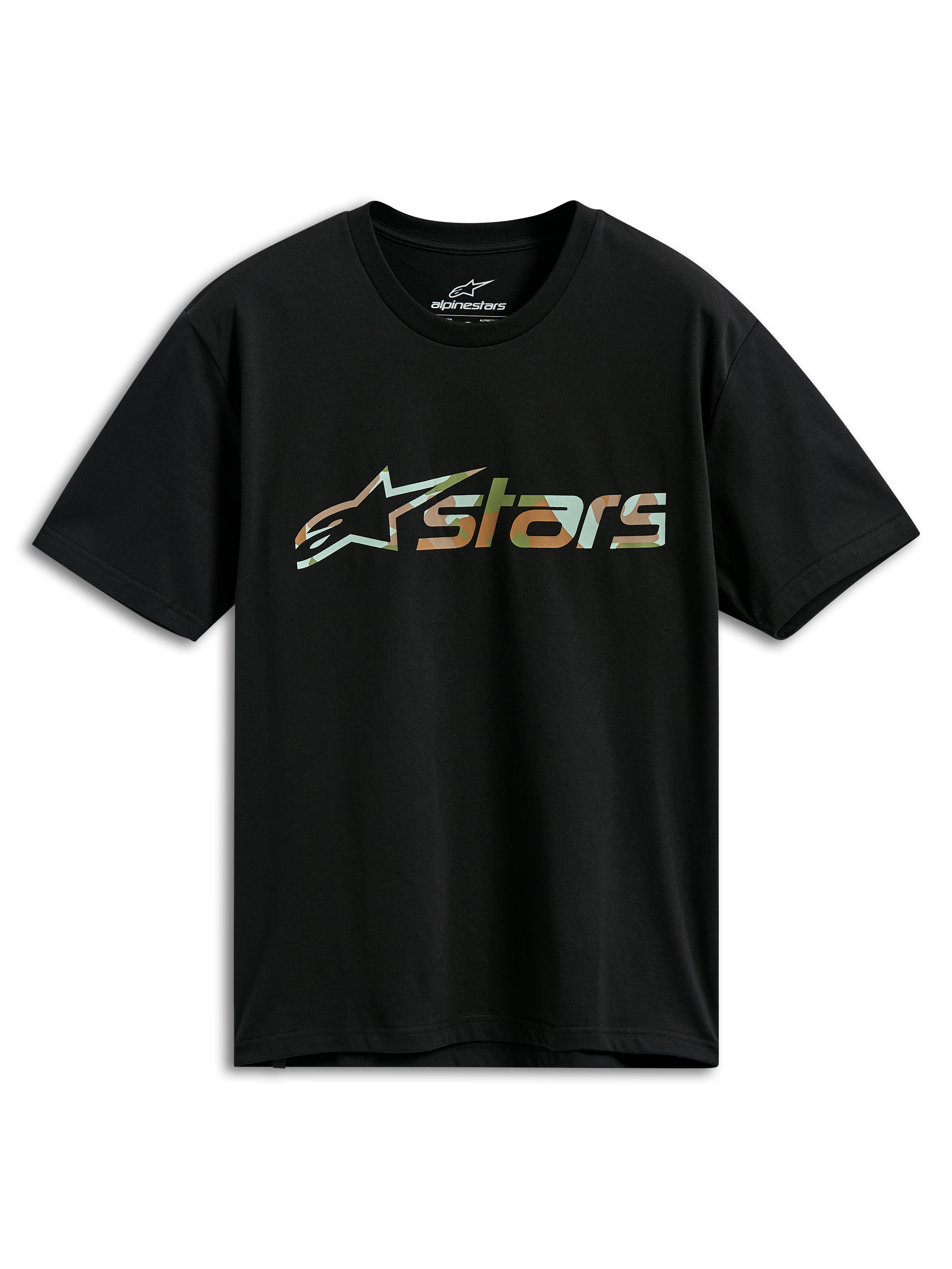 Alpinestars Verdure Camo CSF Tee, t-shirt de manga curta, preta, logótipo Astars com enchimento camuflado, streetwear casual de motorsport