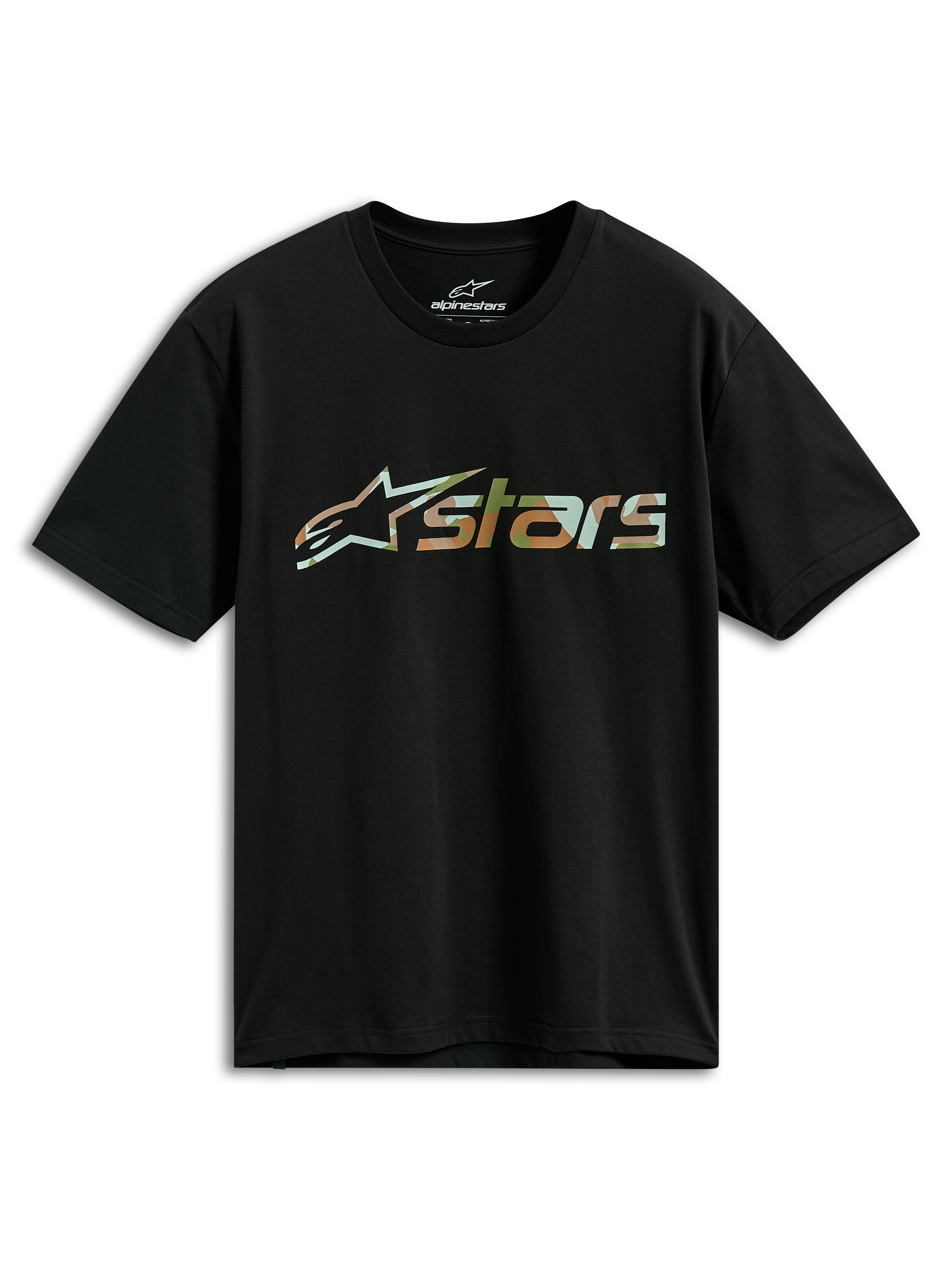 Alpinestars Verdure Camo CSF Tee, t-shirt de manga curta, preta, logótipo Astars com enchimento camuflado, streetwear casual de motorsport