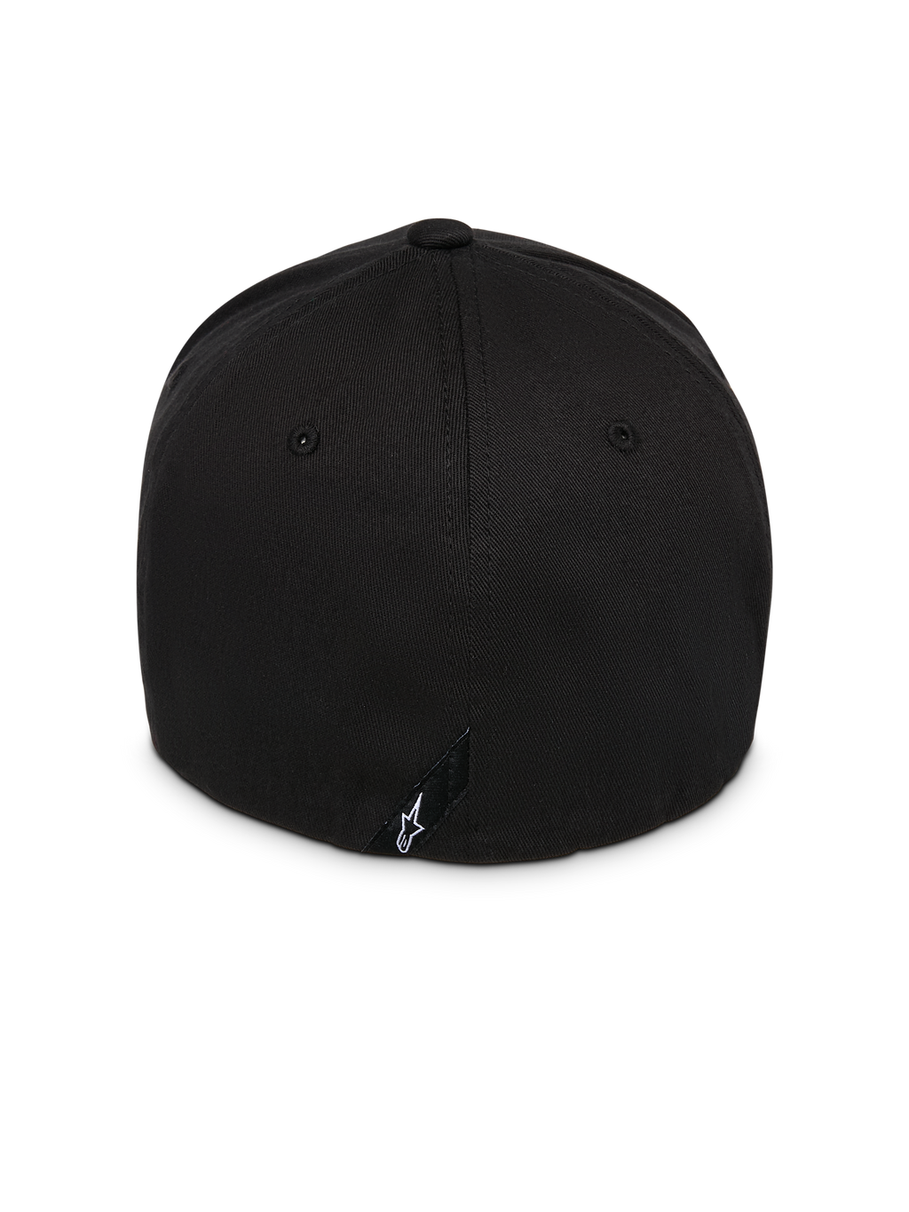 Boné Alpinestars Instinct, preto, vista traseira mostrando a copa estruturada e o design de parte traseira flexível, com uma pequena etiqueta preta com o logótipo Astars em branco, tecido de sarja resistente, acessório de cabeça casual inspirado no desporto motorizado
