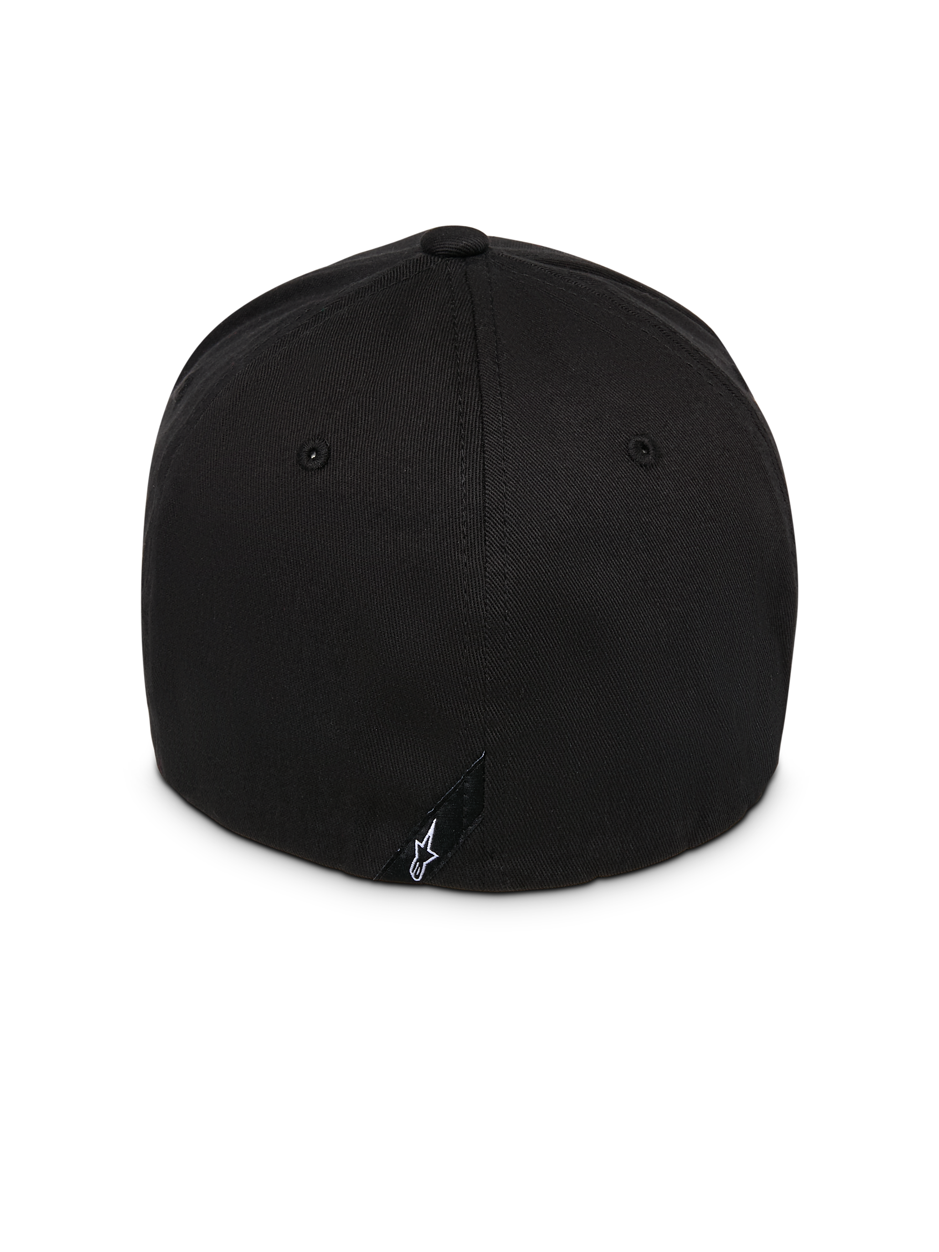 Boné Alpinestars Instinct, preto, vista traseira mostrando a copa estruturada e o design de parte traseira flexível, com uma pequena etiqueta preta com o logótipo Astars em branco, tecido de sarja resistente, acessório de cabeça casual inspirado no desporto motorizado