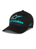 Boné Alpinestars Instinct, boné de basebol preto com pala curva, logótipo Alpinestars em verde-azulado e estrela listrada na frente, texto 'Racing Ahead' em vermelho, bordado lateral em verde-azulado, acessório casual de motorsport