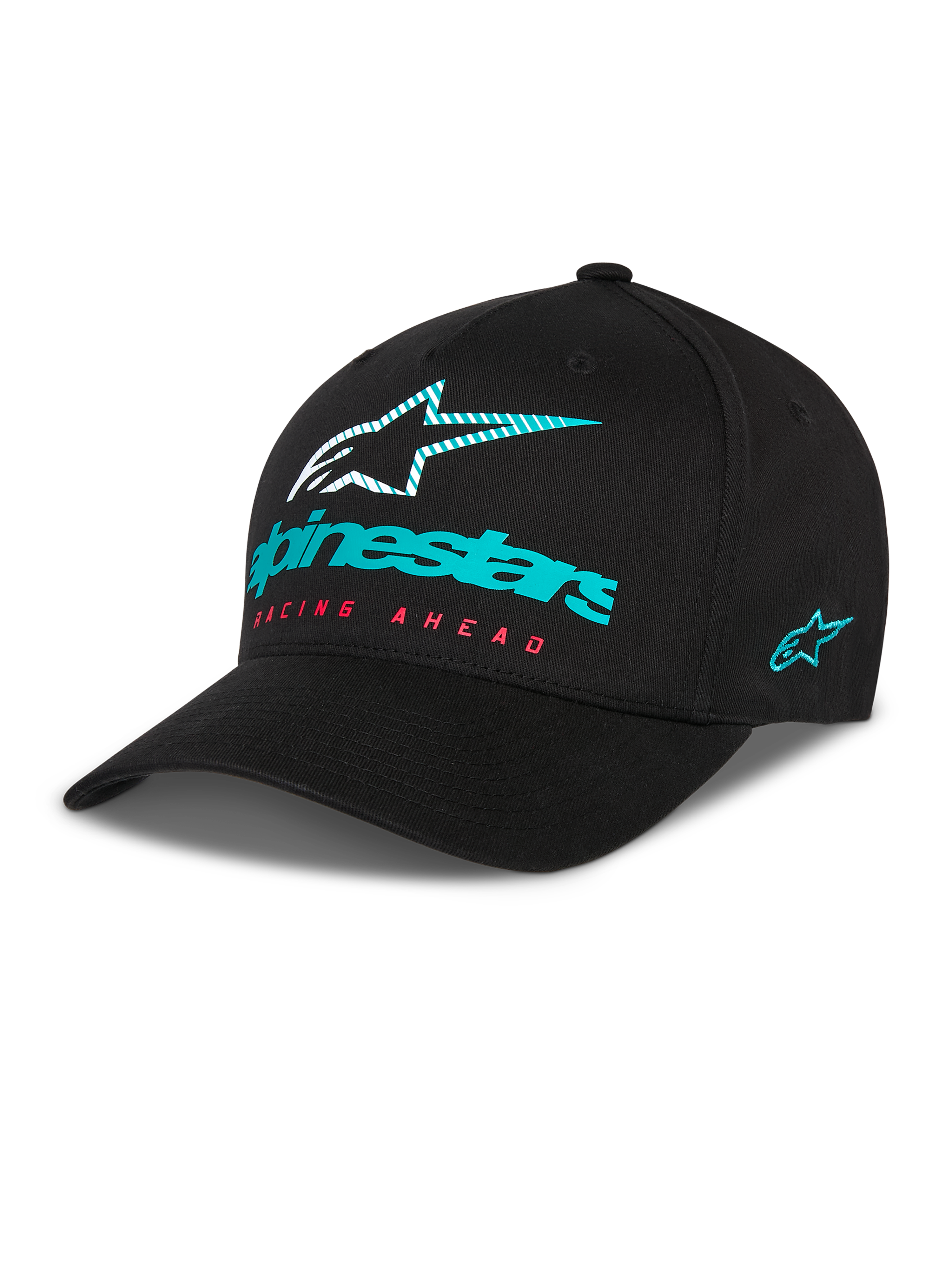 Boné Alpinestars Instinct, boné de basebol preto com pala curva, logótipo Alpinestars em verde-azulado e estrela listrada na frente, texto 'Racing Ahead' em vermelho, bordado lateral em verde-azulado, acessório casual de motorsport
