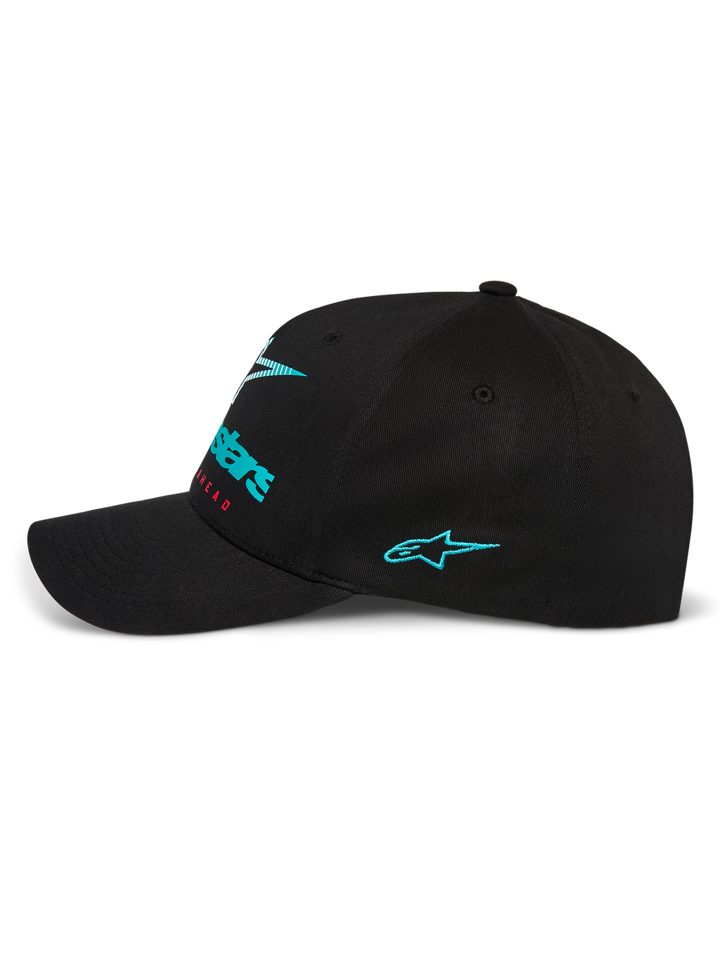 Alpinestars Instinct Hat, boné de basebol preto visto de perfil, com logótipo Astars bordado em verde-azulado na lateral e logótipo frontal em gradiente, pala curva e copa estruturada, streetwear casual de desporto motorizado