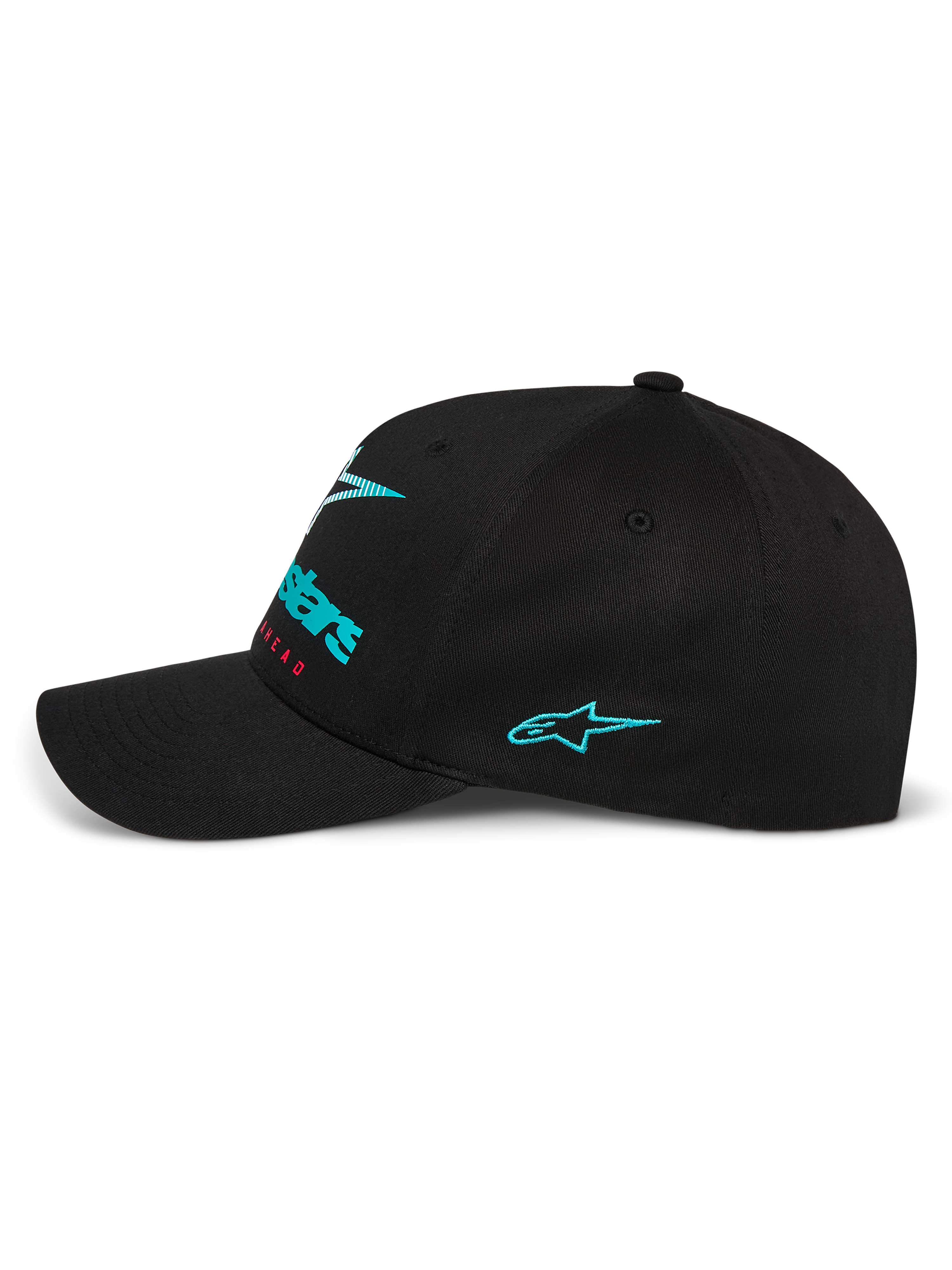 Alpinestars Instinct Hat, boné de basebol preto visto de perfil, com logótipo Astars bordado em verde-azulado na lateral e logótipo frontal em gradiente, pala curva e copa estruturada, streetwear casual de desporto motorizado