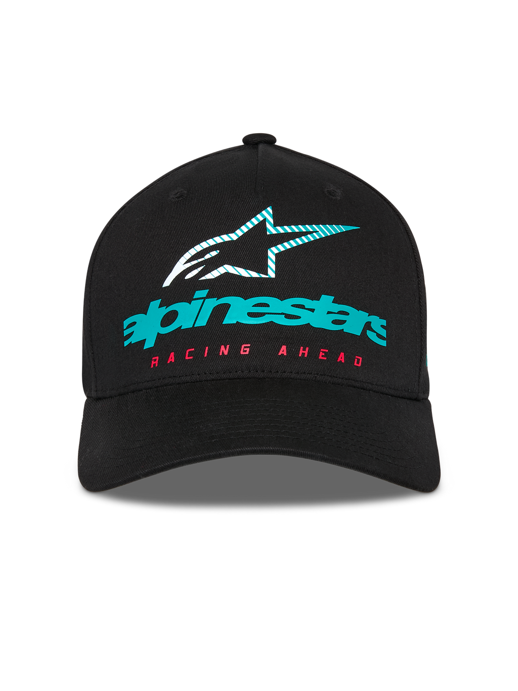 Boné Alpinestars Instinct, boné de basebol estruturado, preto, com logótipo Alpinestars em azul-petróleo, ícone de estrela às riscas e texto 'RACING AHEAD' em vermelho, pala curva, estilo casual motorsport streetwear