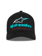 Boné Alpinestars Instinct, boné de basebol estruturado, preto, com logótipo Alpinestars em azul-petróleo, ícone de estrela às riscas e texto 'RACING AHEAD' em vermelho, pala curva, estilo casual motorsport streetwear