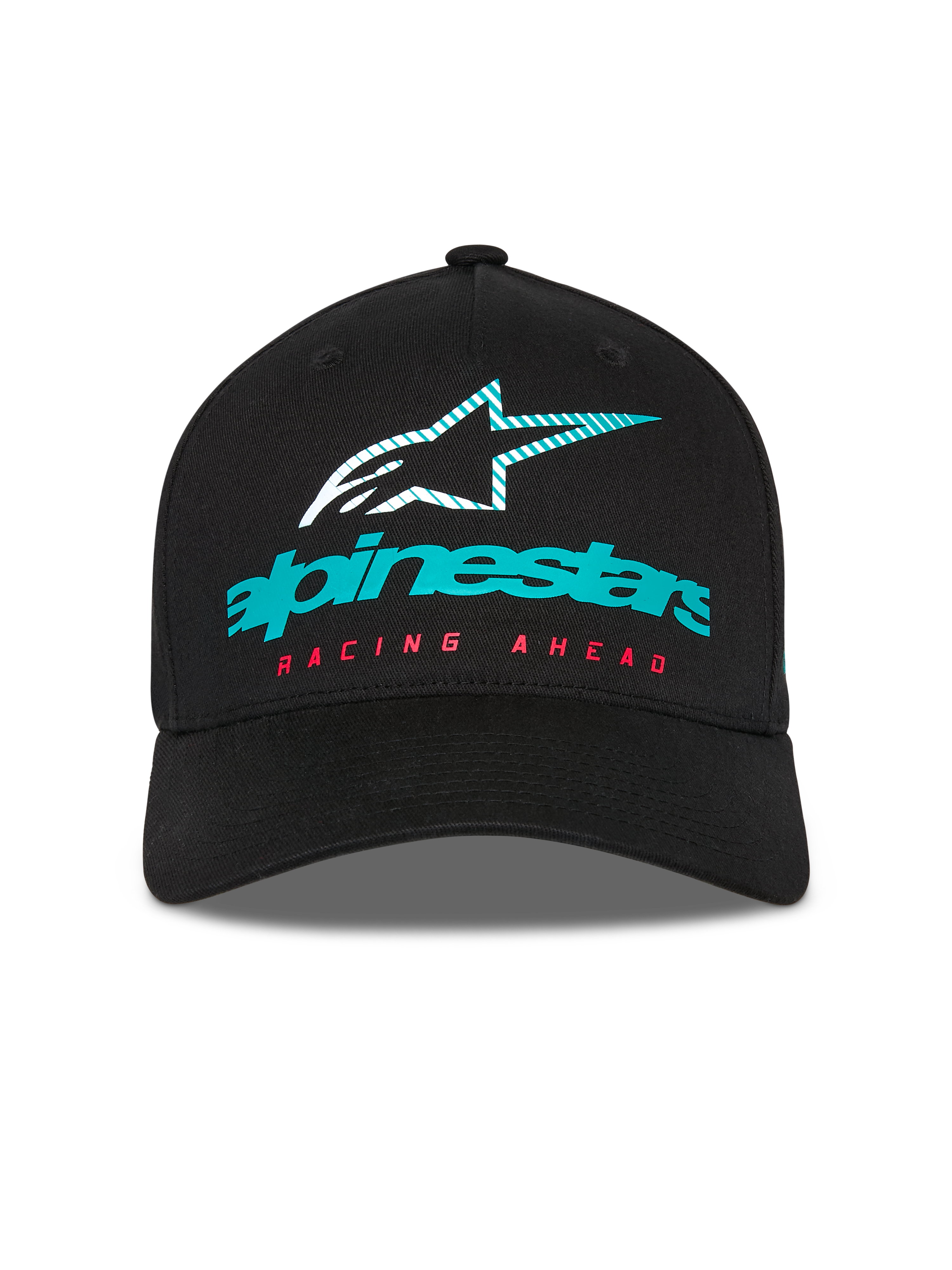 Boné Alpinestars Instinct, boné de basebol estruturado, preto, com logótipo Alpinestars em azul-petróleo, ícone de estrela às riscas e texto 'RACING AHEAD' em vermelho, pala curva, estilo casual motorsport streetwear