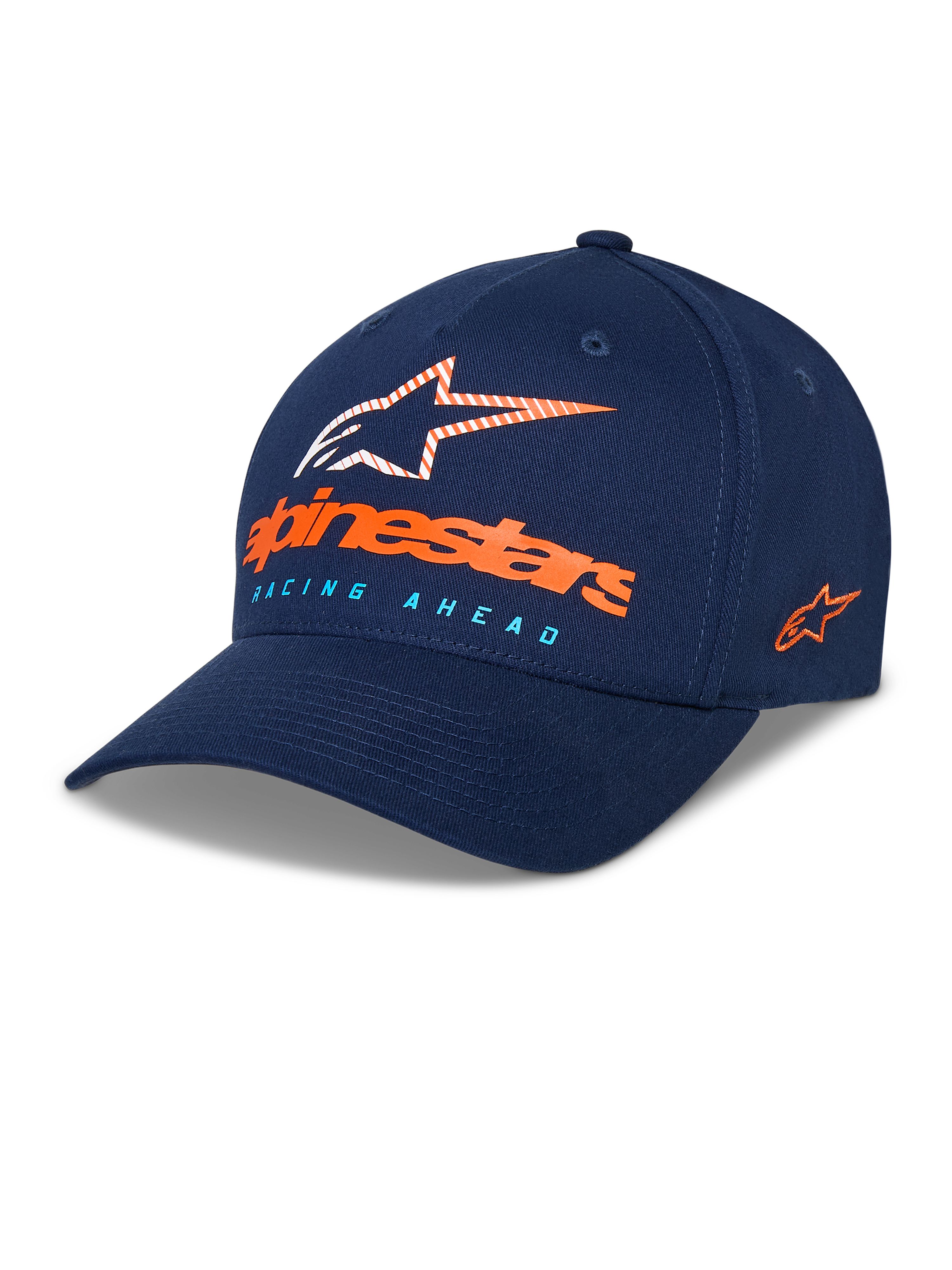 Alpinestars Instinct Hat, boné de basebol azul-marinho, pala curvada com copa estruturada, logótipo Astars frontal com marca nominativa laranja e texto "Racing Ahead" em azul-claro, logótipo lateral bordado, acessório casual de sportswear