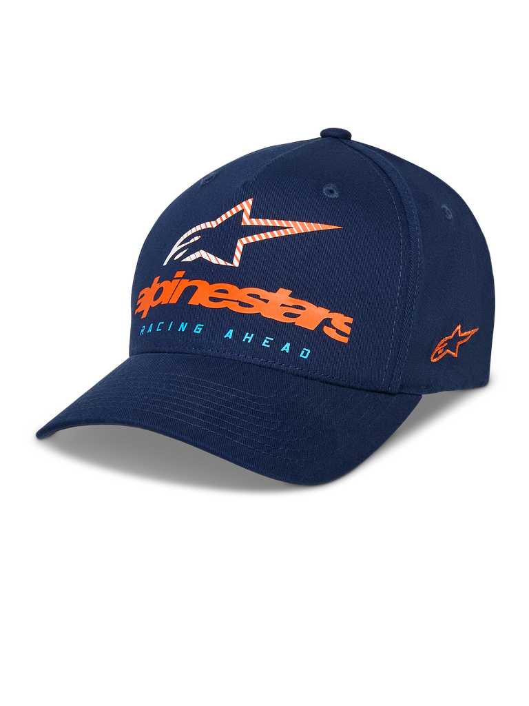 Alpinestars Instinct Hat, boné de basebol azul-marinho, pala curvada com copa estruturada, logótipo Astars frontal com marca nominativa laranja e texto "Racing Ahead" em azul-claro, logótipo lateral bordado, acessório casual de sportswear