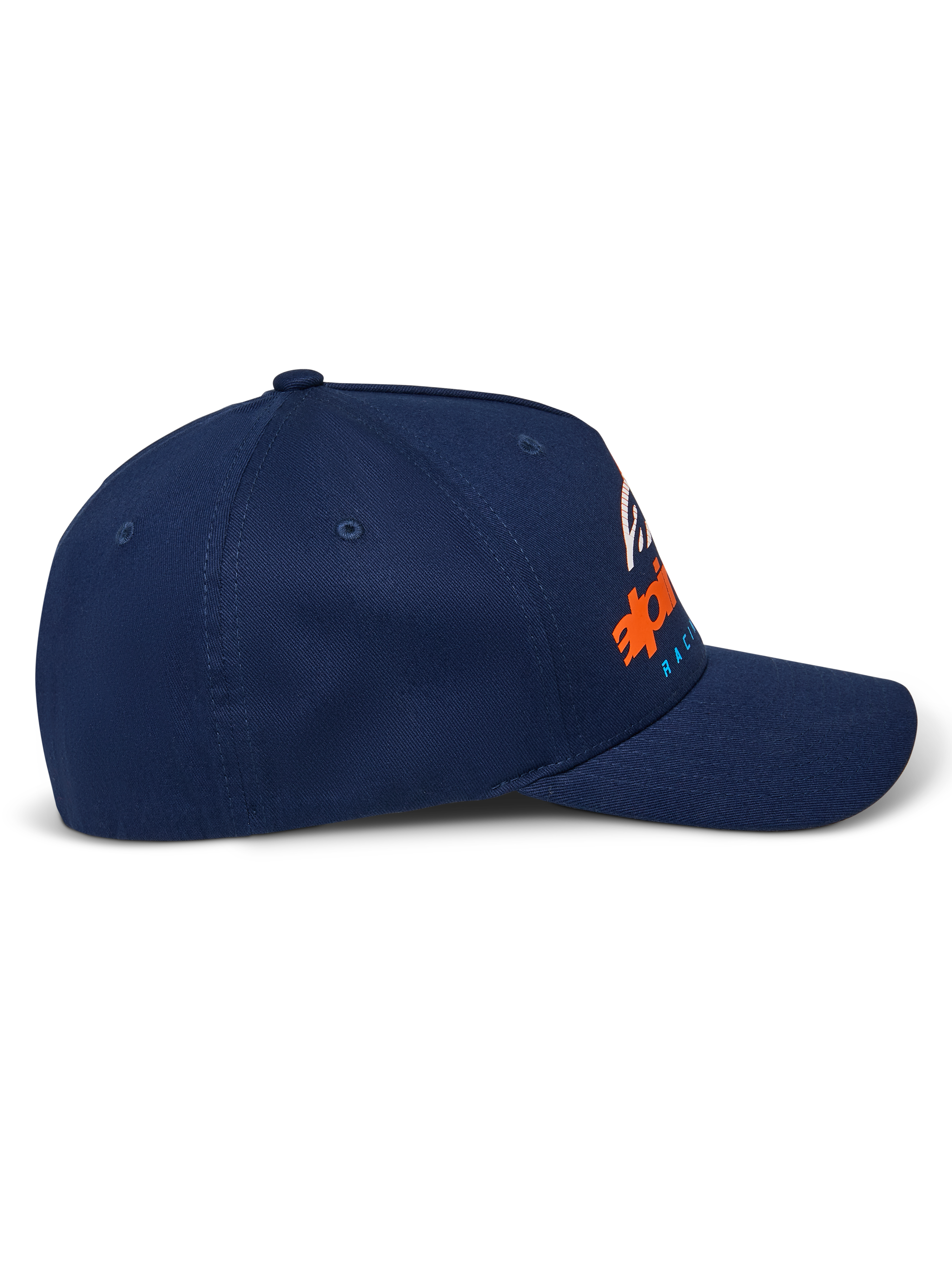 Alpinestars Instinct Hat, Navy, curved bill with structured crown, side profile view featuring orange and blue gradient logo print, casual sportswear