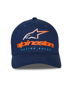 Alpinestars Instinct Hat, Navy Blue baseball cap, curved bill with structured crown, front orange Alpinestars wordmark and striped star logo, light blue "RACING AHEAD" text, casual sportswear