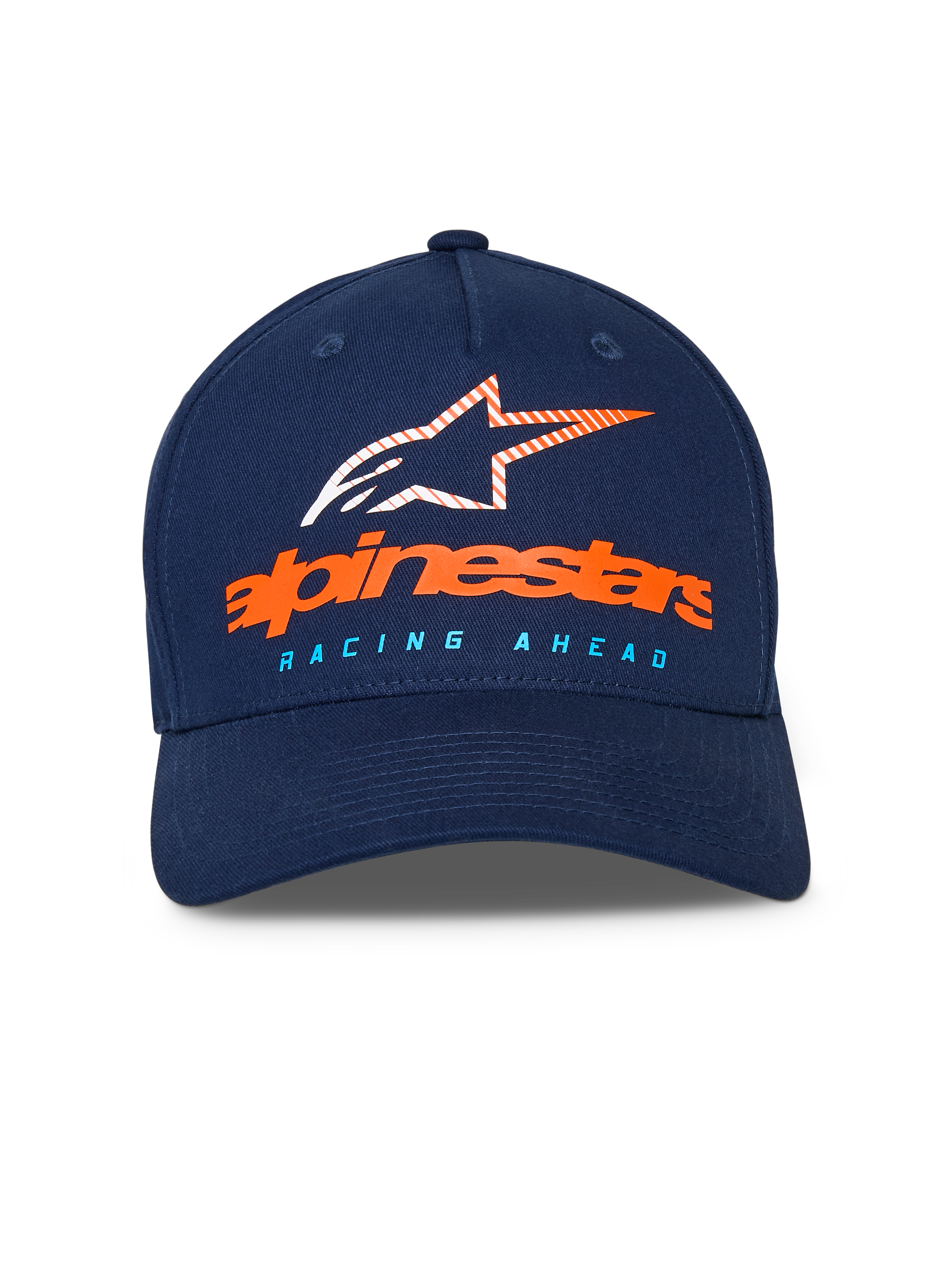 Alpinestars Instinct Hat, Navy Blue baseball cap, curved bill with structured crown, front orange Alpinestars wordmark and striped star logo, light blue "RACING AHEAD" text, casual sportswear