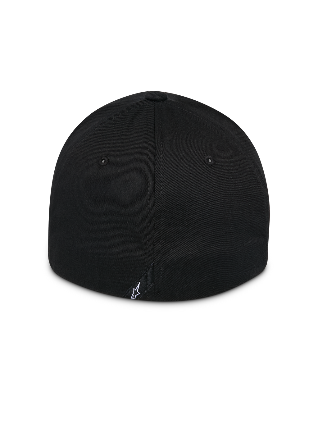 Alpinestars Surpass Hat, boné preto, vista traseira com pala curva e copa estruturada, design com parte traseira flexível, pequeno logótipo Astars branco na etiqueta traseira, acessório casual de desportos motorizados