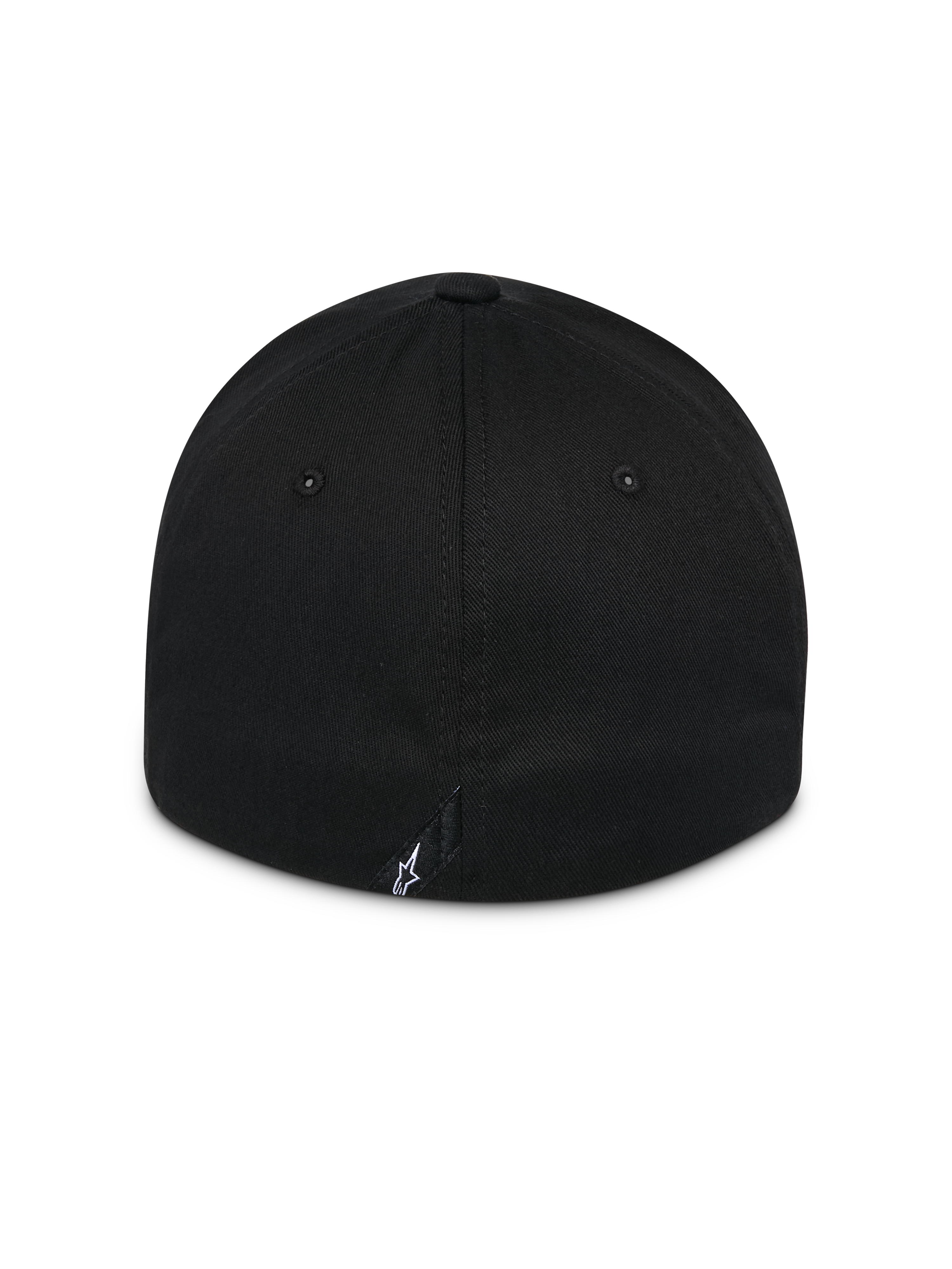 Alpinestars Surpass Hat, boné preto, vista traseira com pala curva e copa estruturada, design com parte traseira flexível, pequeno logótipo Astars branco na etiqueta traseira, acessório casual de desportos motorizados