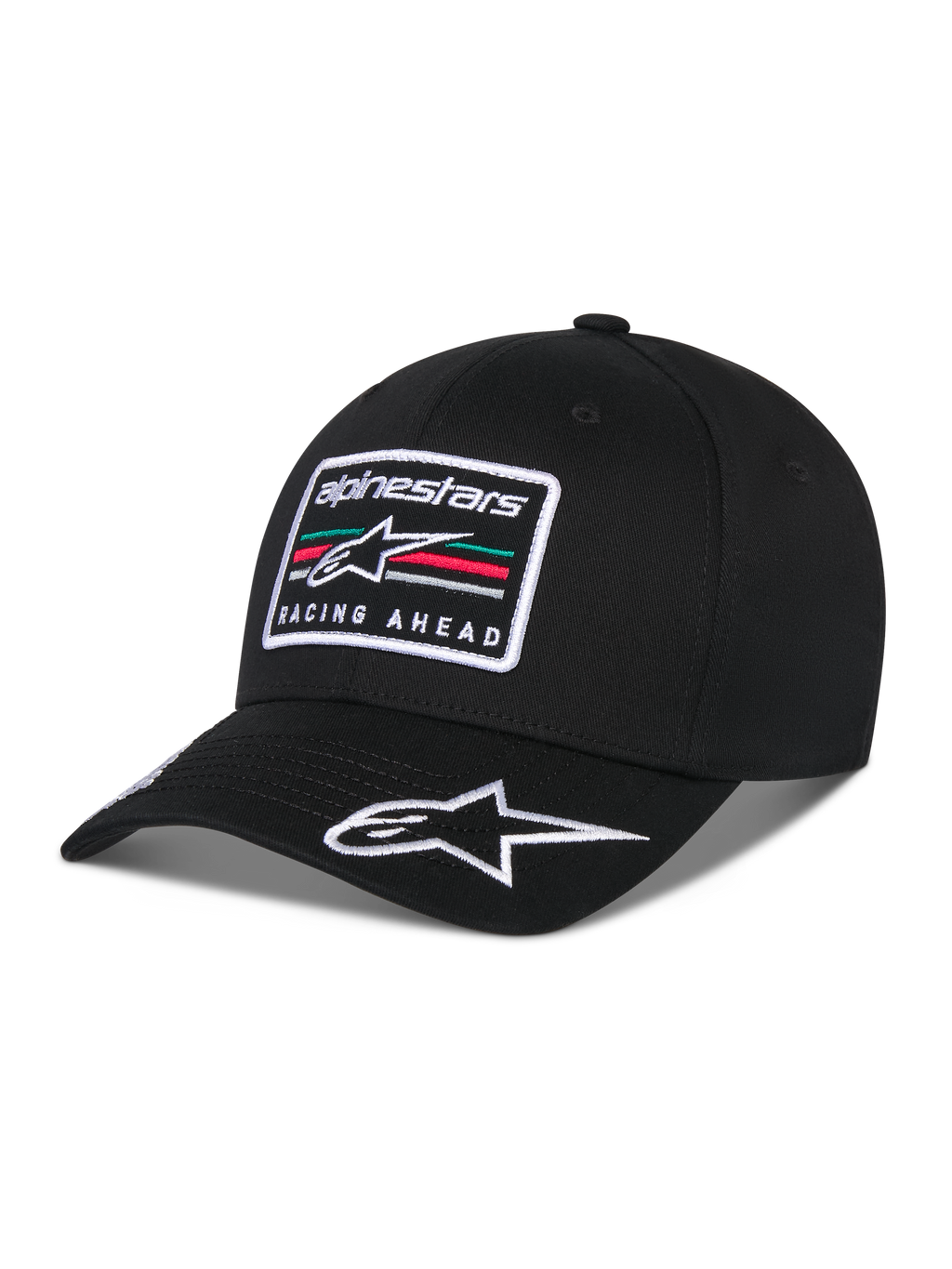Alpinestars Surpass Hat, boné de basebol de pala curvada, preto, com um remendo retangular bordado na frente com o logótipo Astars e o texto 'Racing Ahead', logótipo branco bordado na pala, copa estruturada e tecido em sarja para um estilo streetwear casual inspirado no desporto motorizado.