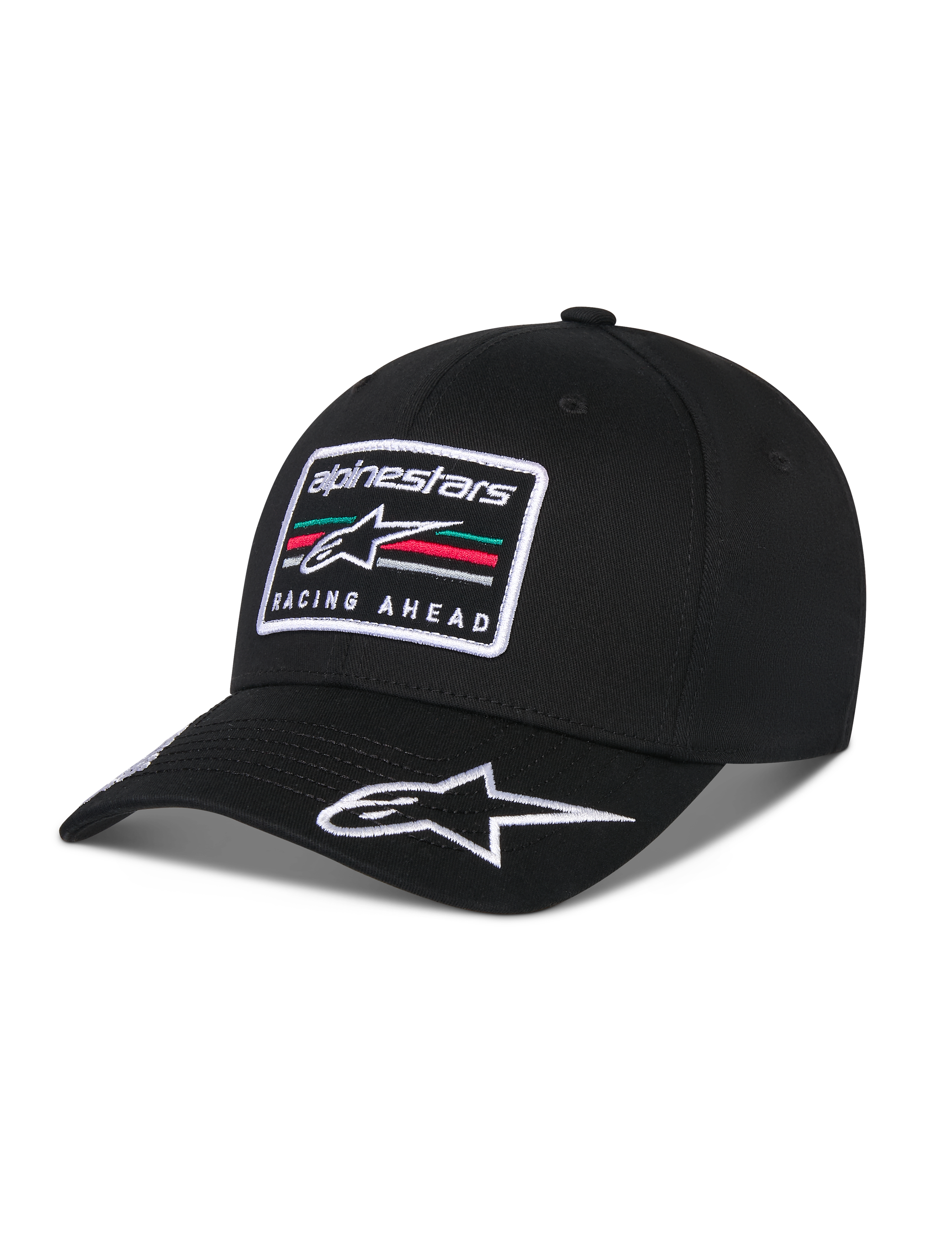 Alpinestars Surpass Hat, Curved Bill Baseball Cap, Black, featuring a front embroidered rectangular patch with the Astars logo and 'Racing Ahead' text, white embroidered logo on the bill, structured crown and twill fabric for casual motorsport-inspired streetwear.