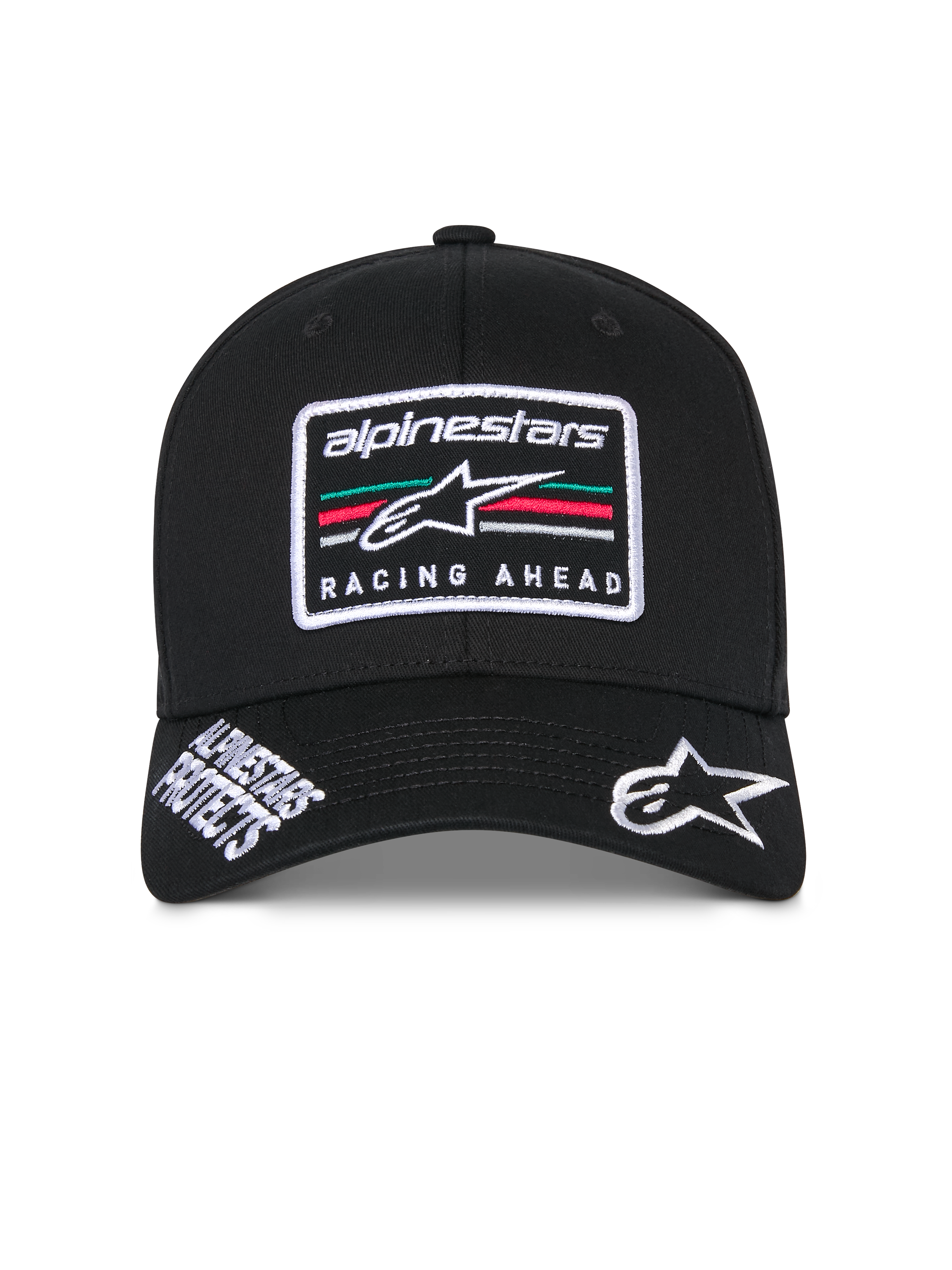 Alpinestars Surpass Hat, boné de basebol estruturado preto, pala curva com logótipo Astars e texto 'Alpinestars Protects' bordados a branco, remendo frontal com o logótipo 'Racing Ahead' e riscas multicoloridas, acessório casual inspirado no desporto motorizado