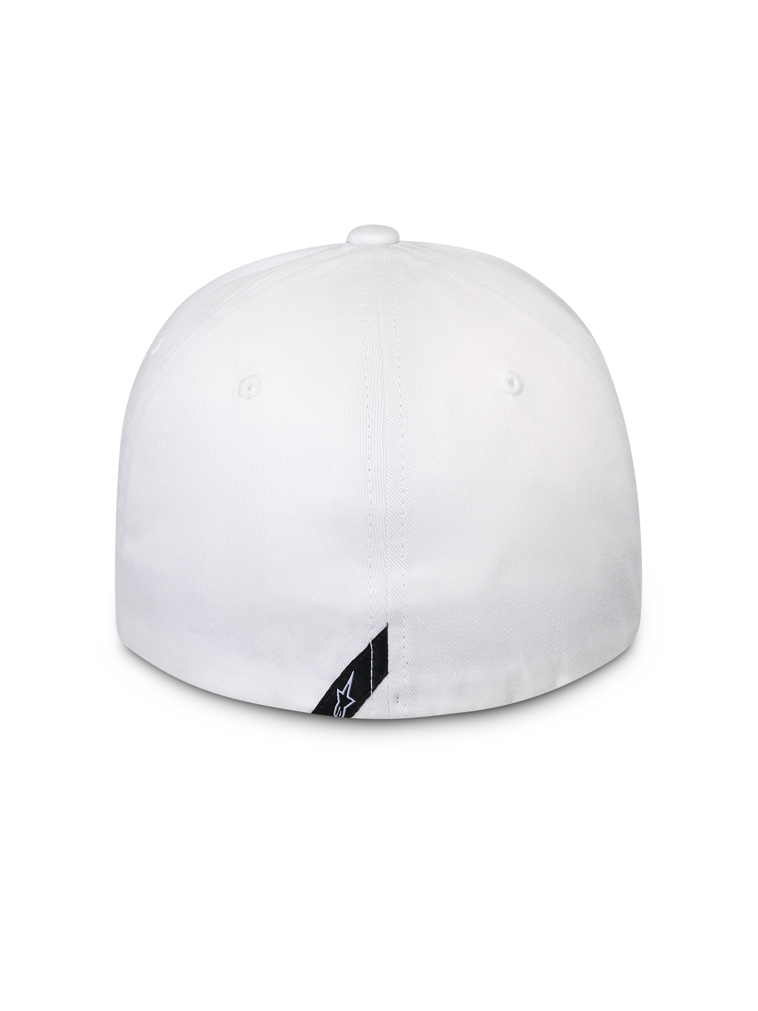 Alpinestars Surpass Hat, White, back view of flex-back baseball cap, structured crown, featuring a small black diagonal Alpinestars logo tag at the bottom edge, casual sportswear