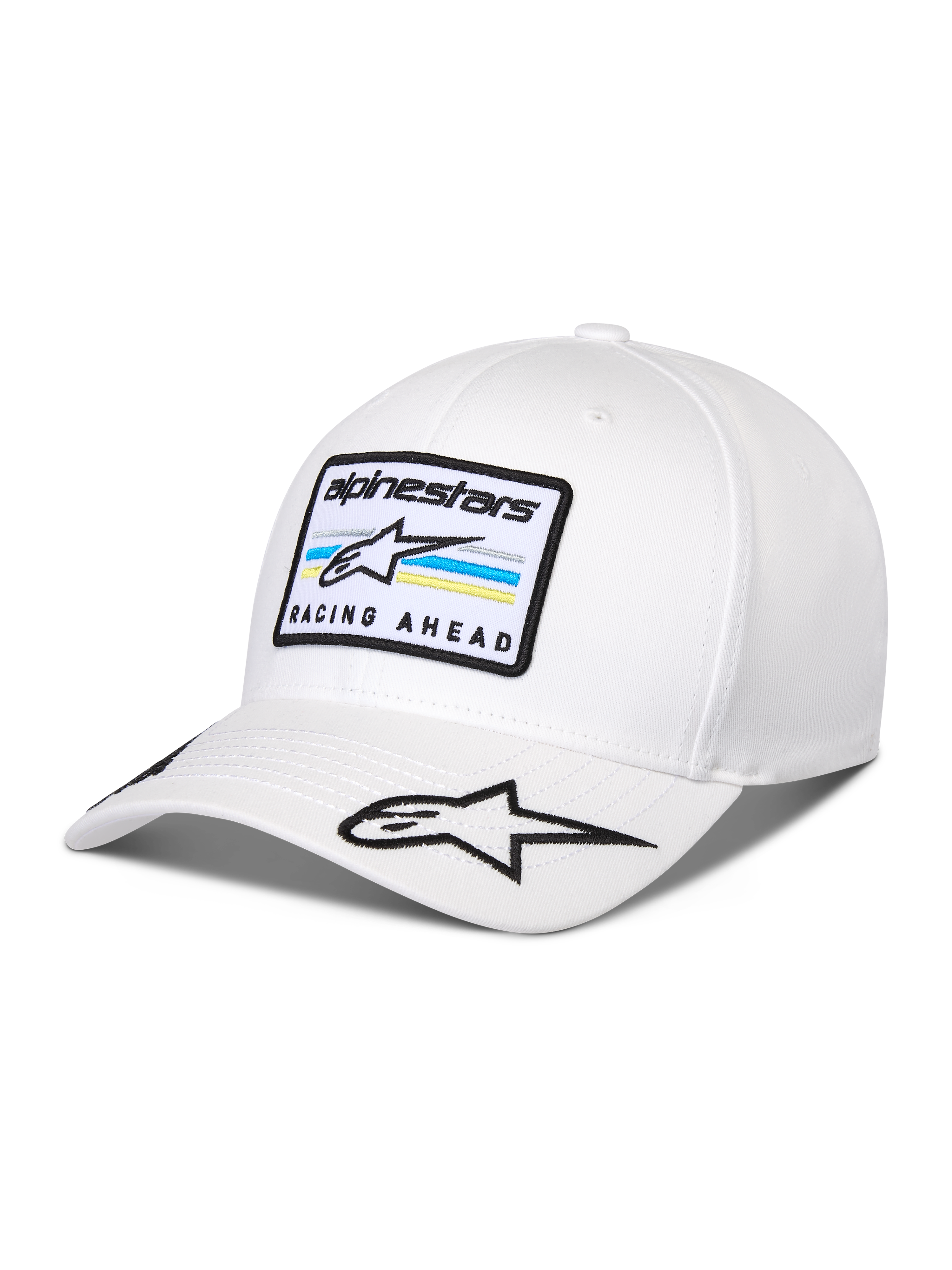 Alpinestars Surpass Hat, boné de basebol branco com pala curva, copa estruturada, inclui patch bordado frontal com o logótipo Astars e o texto 'RACING AHEAD', logótipo de estrela adicional na pala, acessório casual inspirado no desporto motorizado
