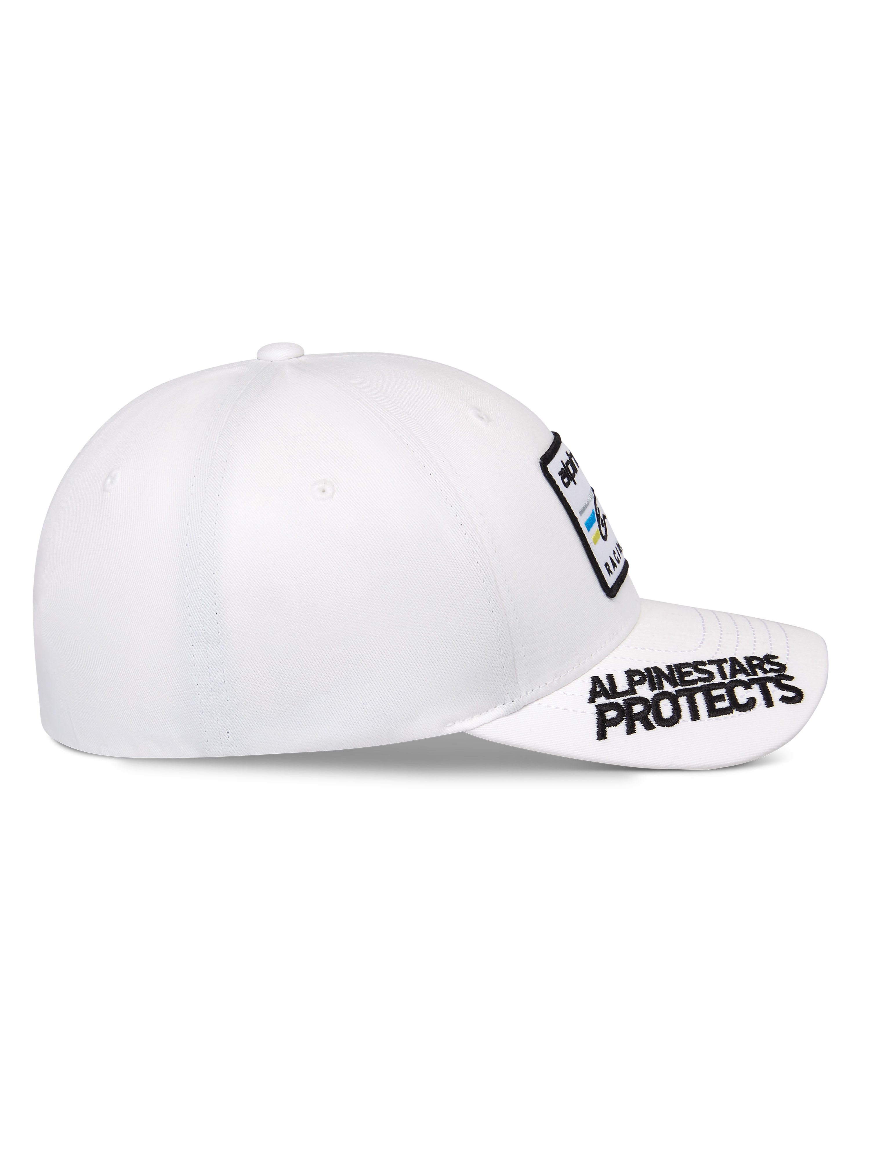 Alpinestars Surpass Hat, White, curved bill with 'ALPINESTARS PROTECTS' black embroidery, structured crown with front logo patch, casual sportswear baseball cap
