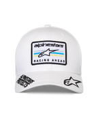 Alpinestars Surpass Hat, White Baseball Cap, curved bill with structured crown, front central patch with 'alpinestars' branding and 'RACING AHEAD' text over blue and yellow stripes, black embroidered logos on the brim, casual motorsport headwear